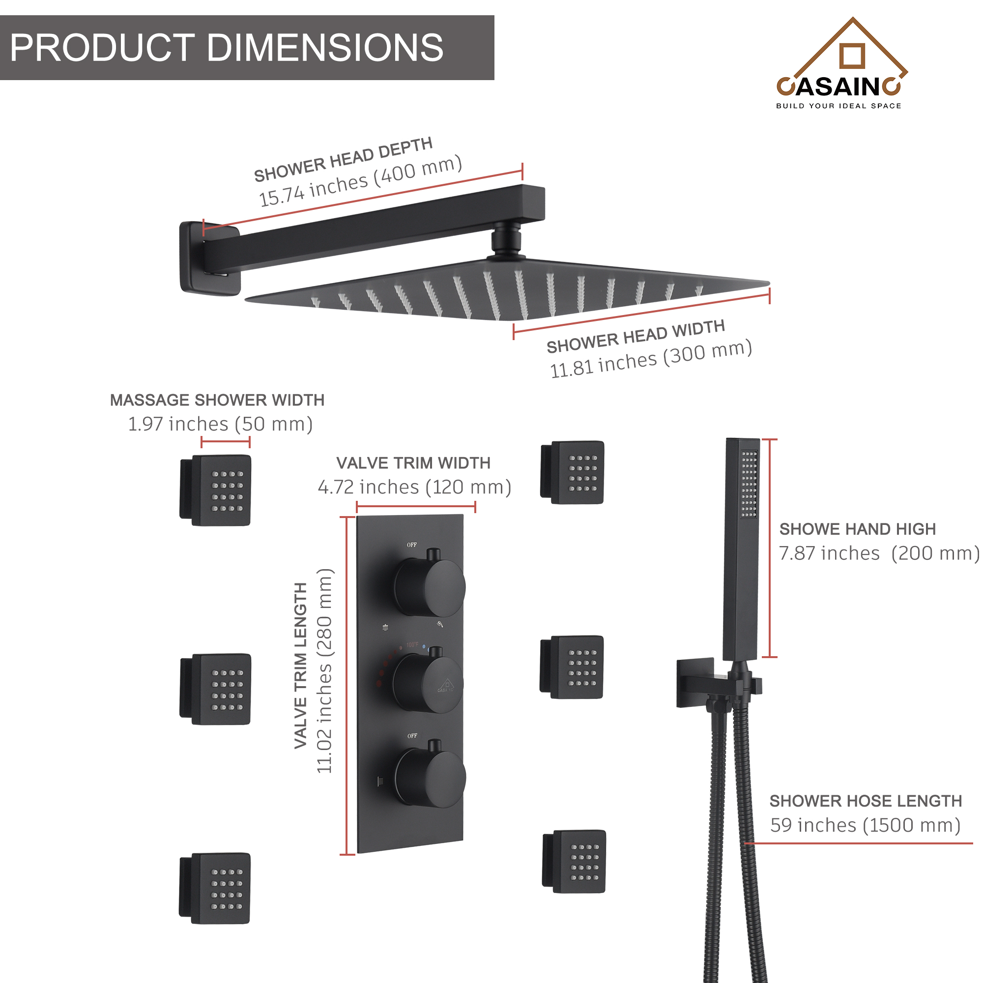 12" Thermostatic Complete Shower System with Rough-in Valve & 6 Body Jets Brushed Gold/Chrome/Matte Black
