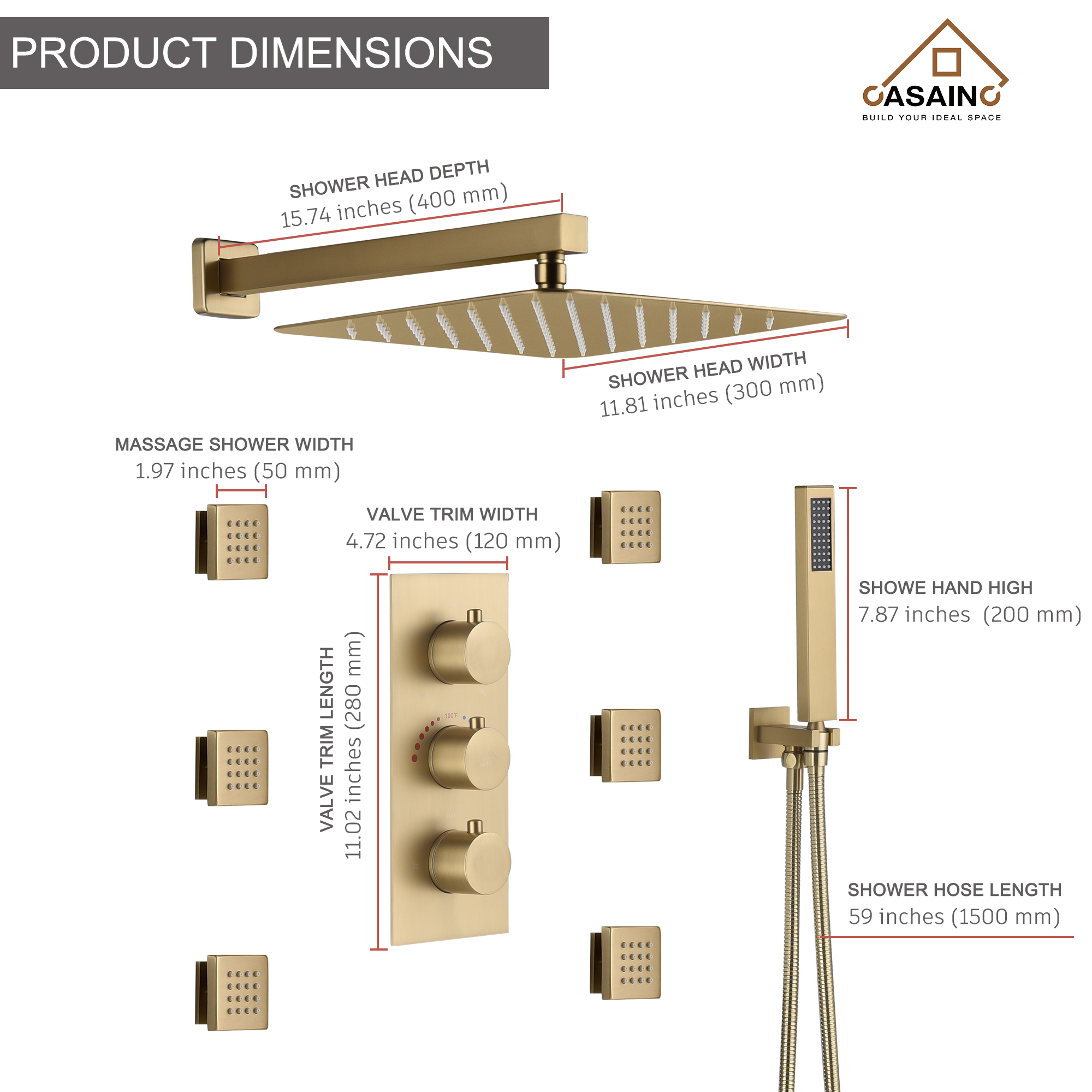 12" Thermostatic Complete Shower System with Rough-in Valve & 6 Body Jets Brushed Gold/Chrome/Matte Black