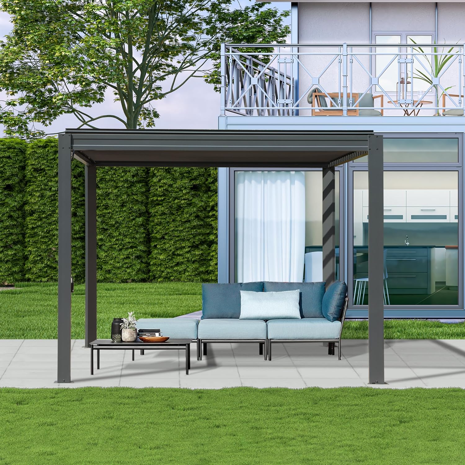 Louvered Pergola 10X10FT, Wood Grain Aluminum Pergola with Adjustable Roof, Wood Looking Aluminum Frame, Efficient Drainage System, Outdoor Pergola for Patio, Deck, Garden