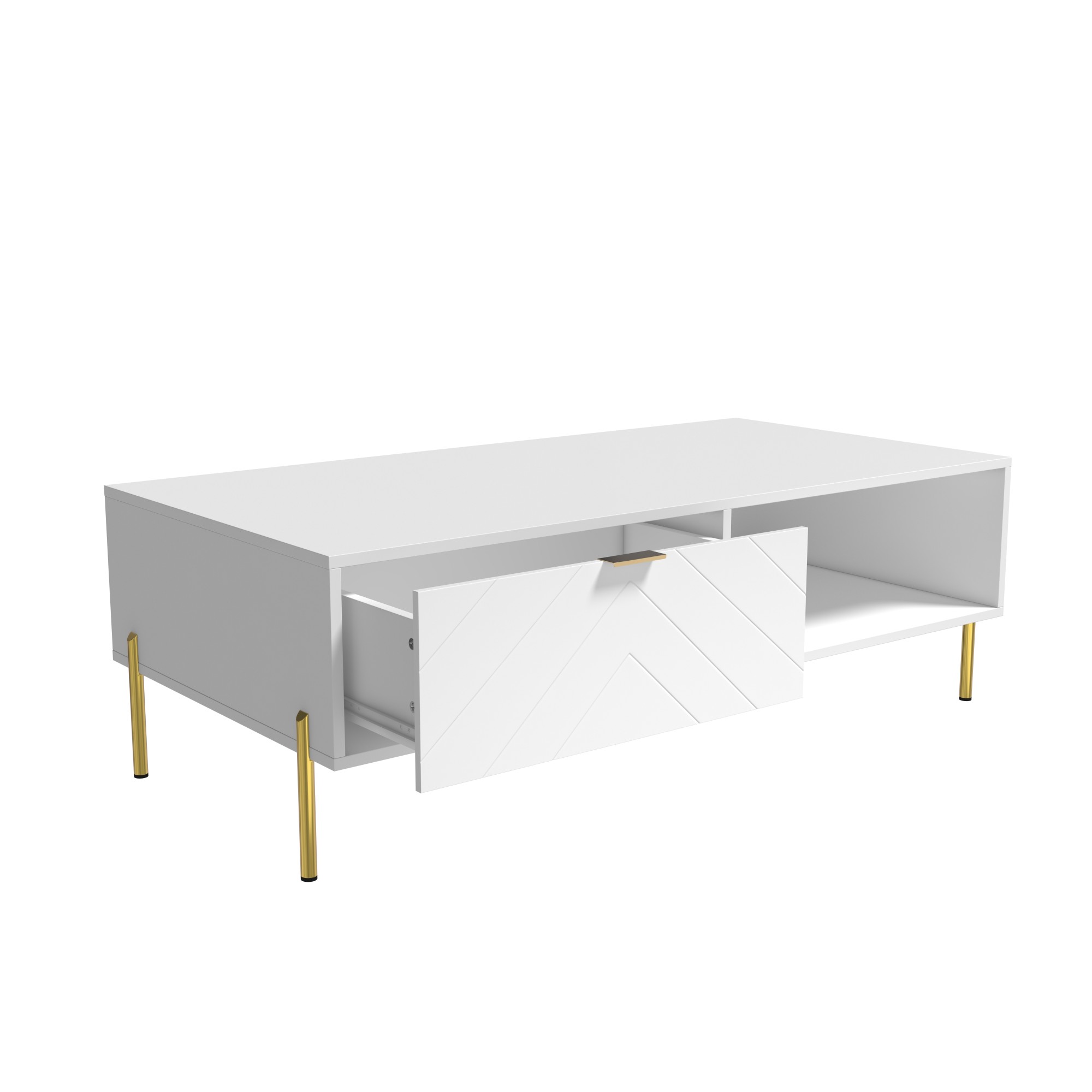 Mid-Century Modern Coffee Table, 48" Rectangle Coffee Table with Double Drawers, Gold Metal Decor, Center Table for Living Room,White