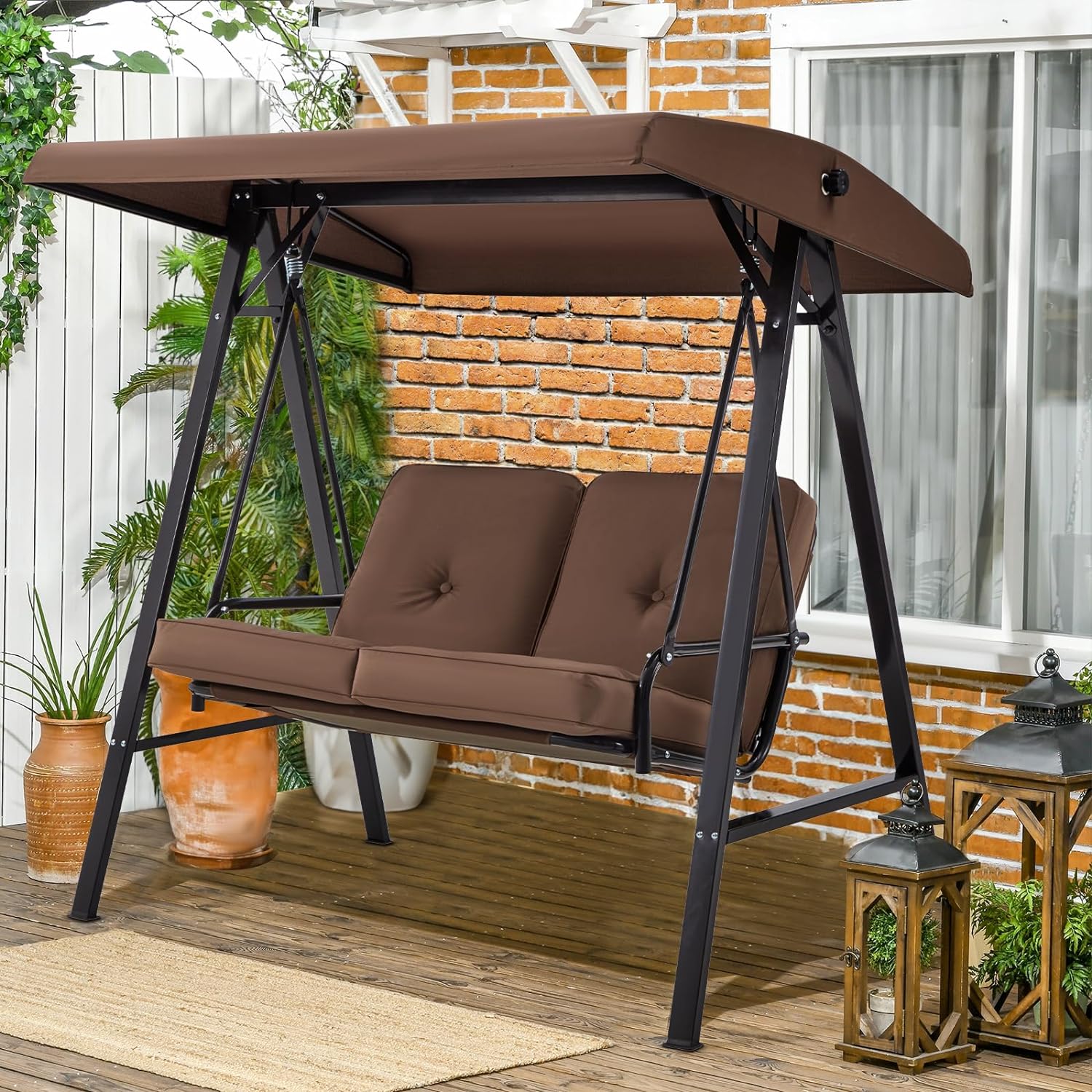 2-Person Metal Patio Swing with Canopy and Cushions in Brown/Black/Red