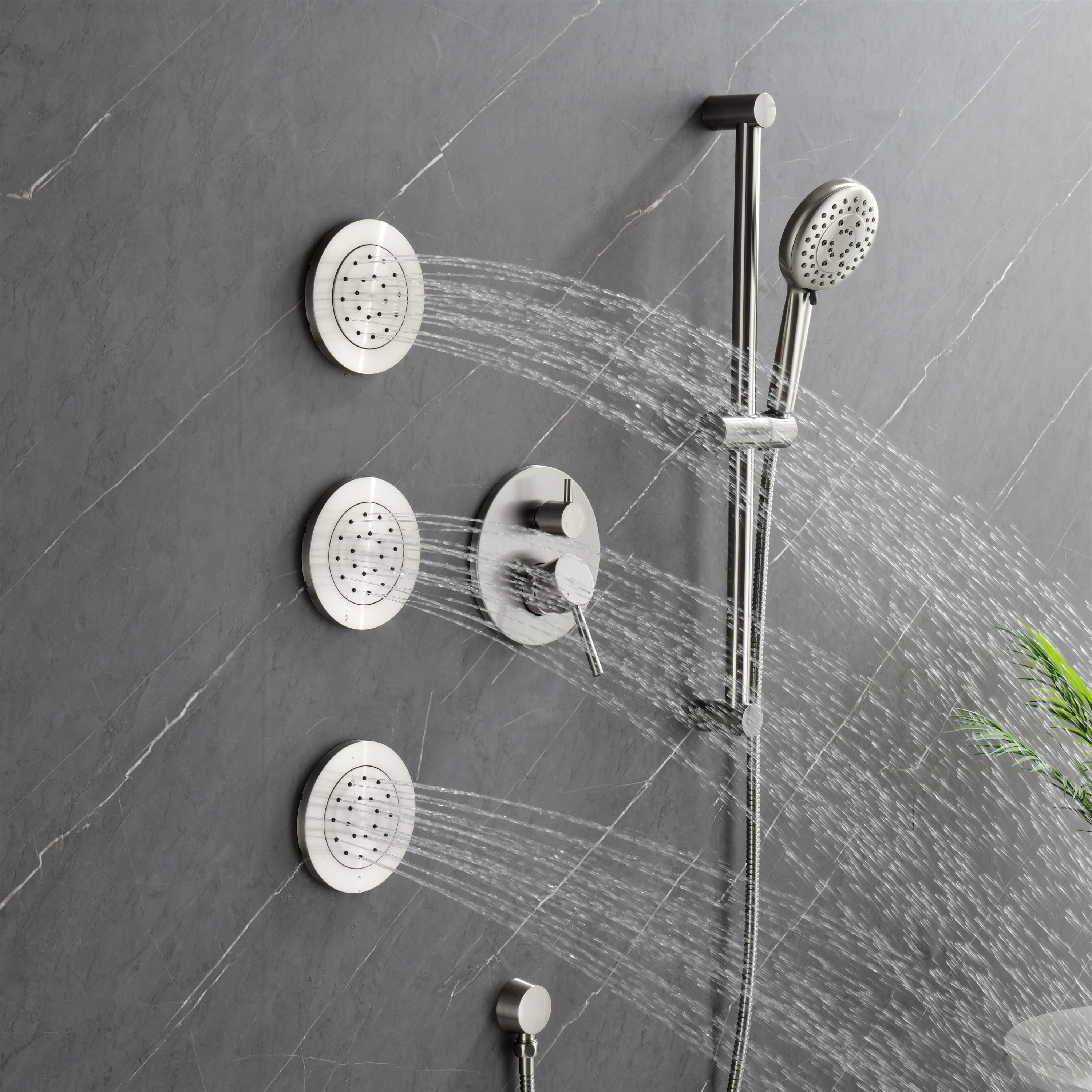 3-Spray Square High Pressure Deluxe Wall Bar Shower Kit with Slide Bar and 3-Body Spray in Brushed Nickel/Matte Black-Mondawe