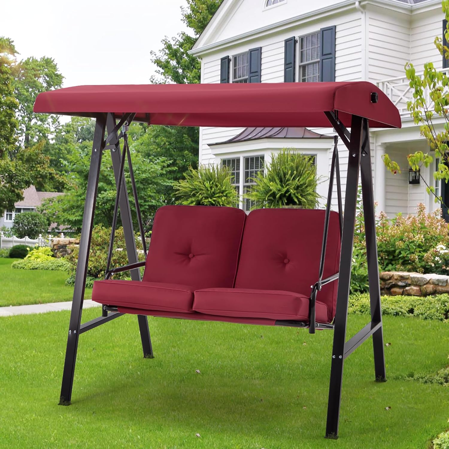 2-Person Metal Patio Swing with Canopy and Cushions in Brown/Black/Red