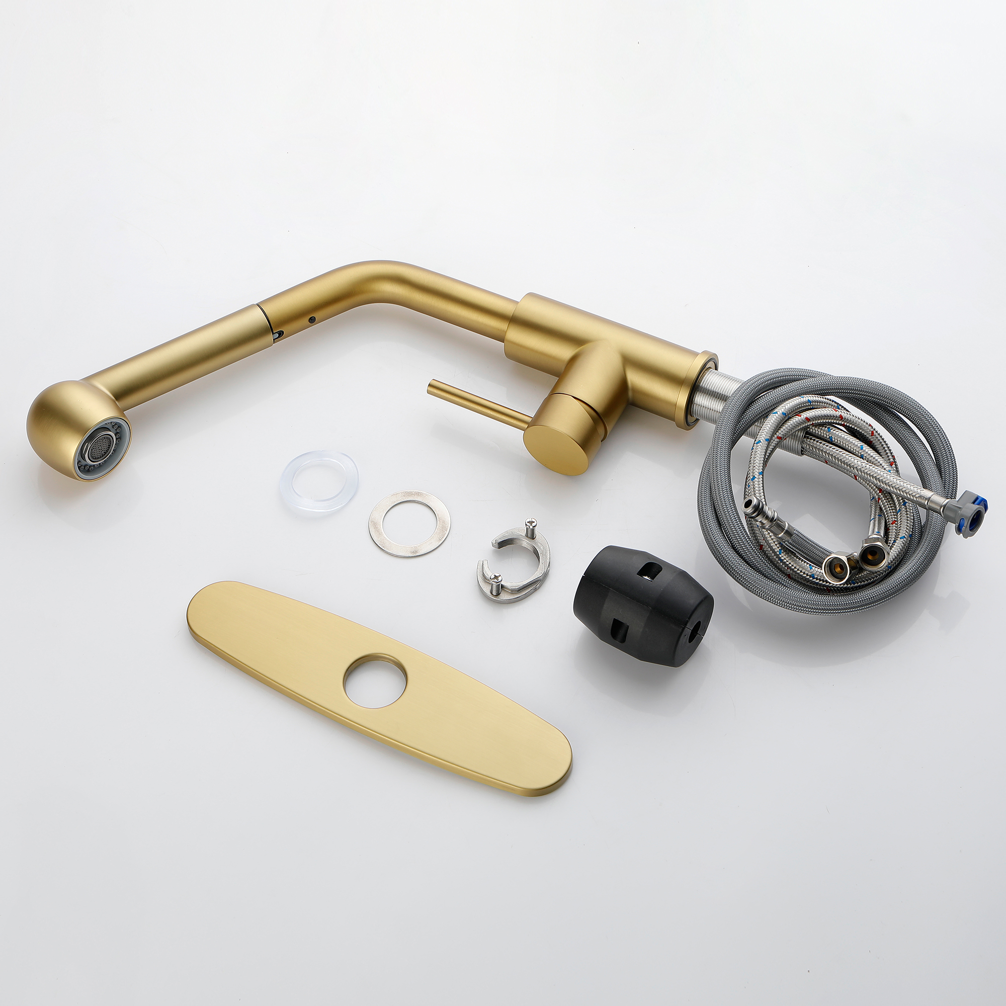 Single Handle Gooseneck Pull Down Sprayer Kitchen Faucet with Deckplate in Matte Black/Brushed Nickel/Brushed Gold