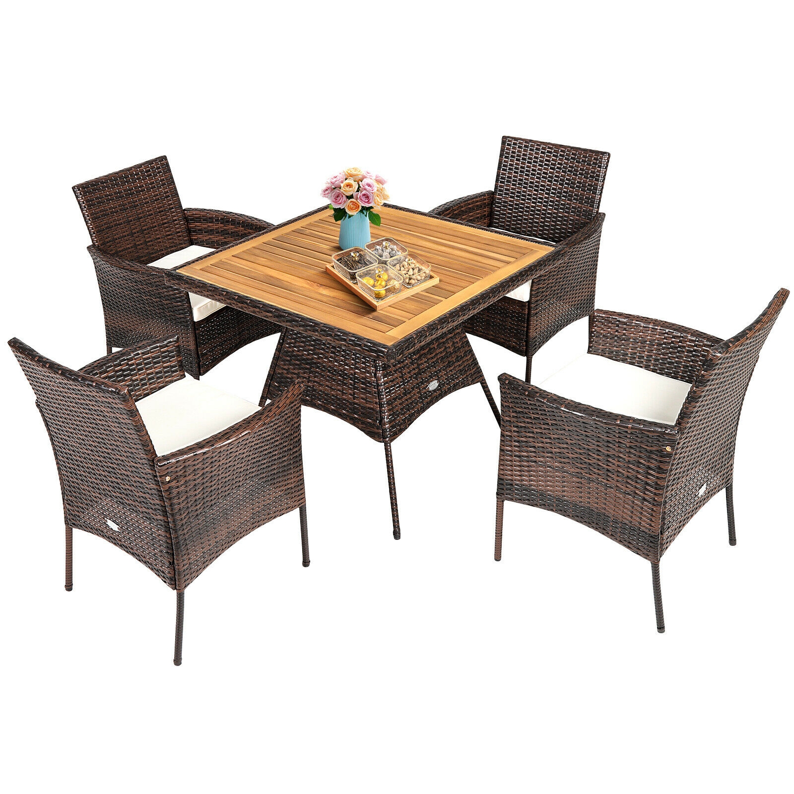 Mondawe 5 Pieces Patio Rattan Dining Furniture Set with Arm Chair and Wooden Table Top-Mondawe