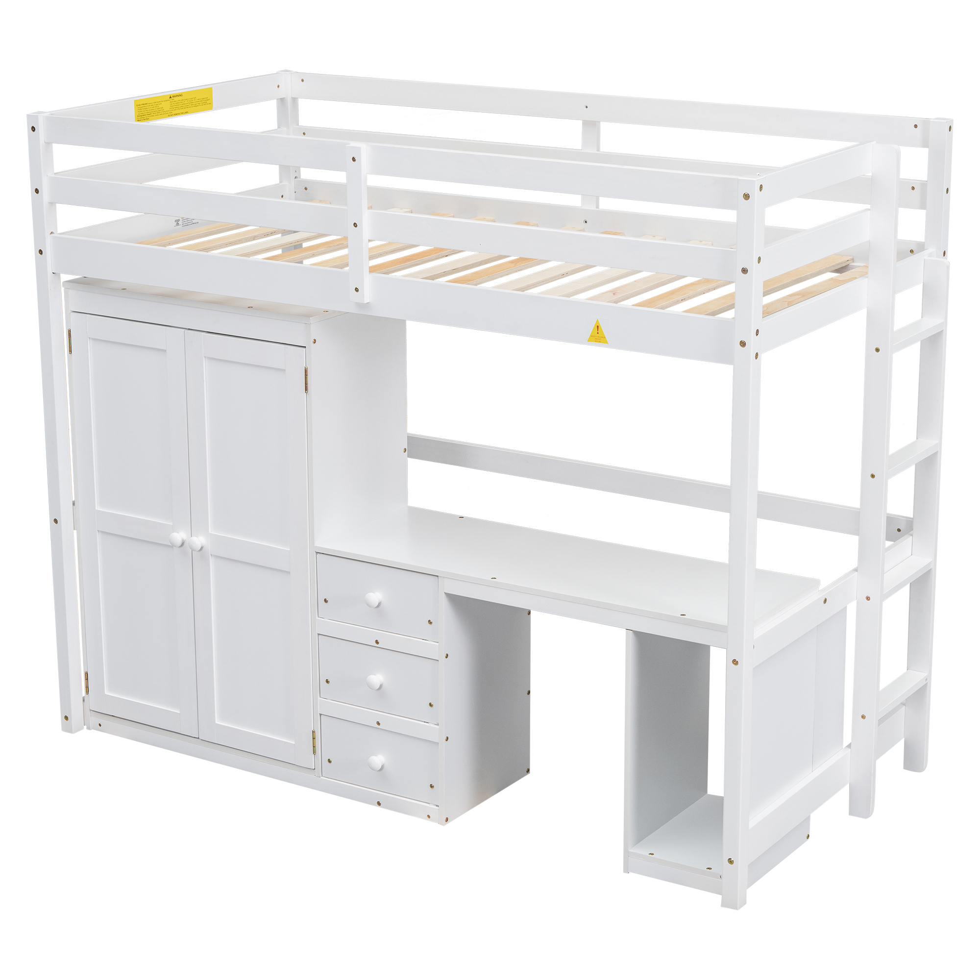 Full/Twin Size Loft Bed with Wardrobe, Desk and Storage Drawers, Gray/White