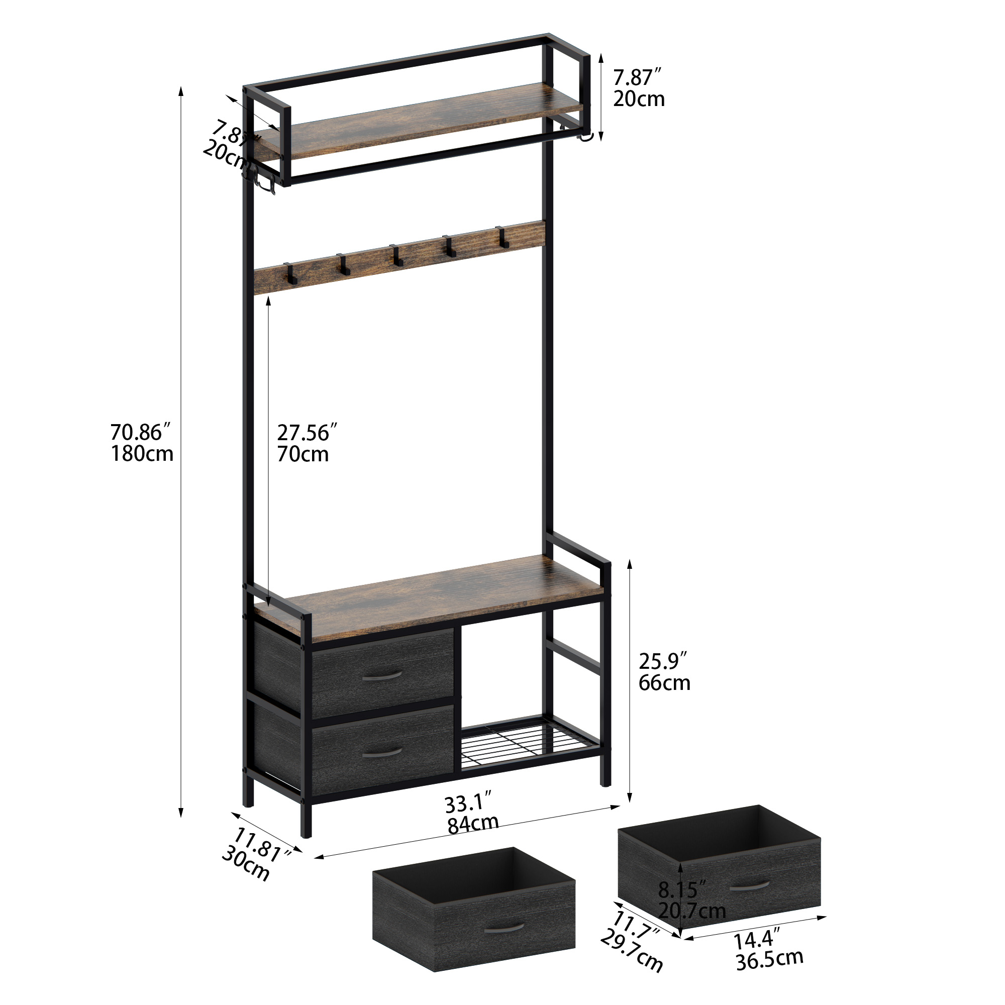 33.1" Wide Hall Tree with 2 Movable Drawers, Shoe Storage, Shelves and Garment Racks, 5-in-1 Entryway Bench with 23 Hooks (Fixed and Movable) 