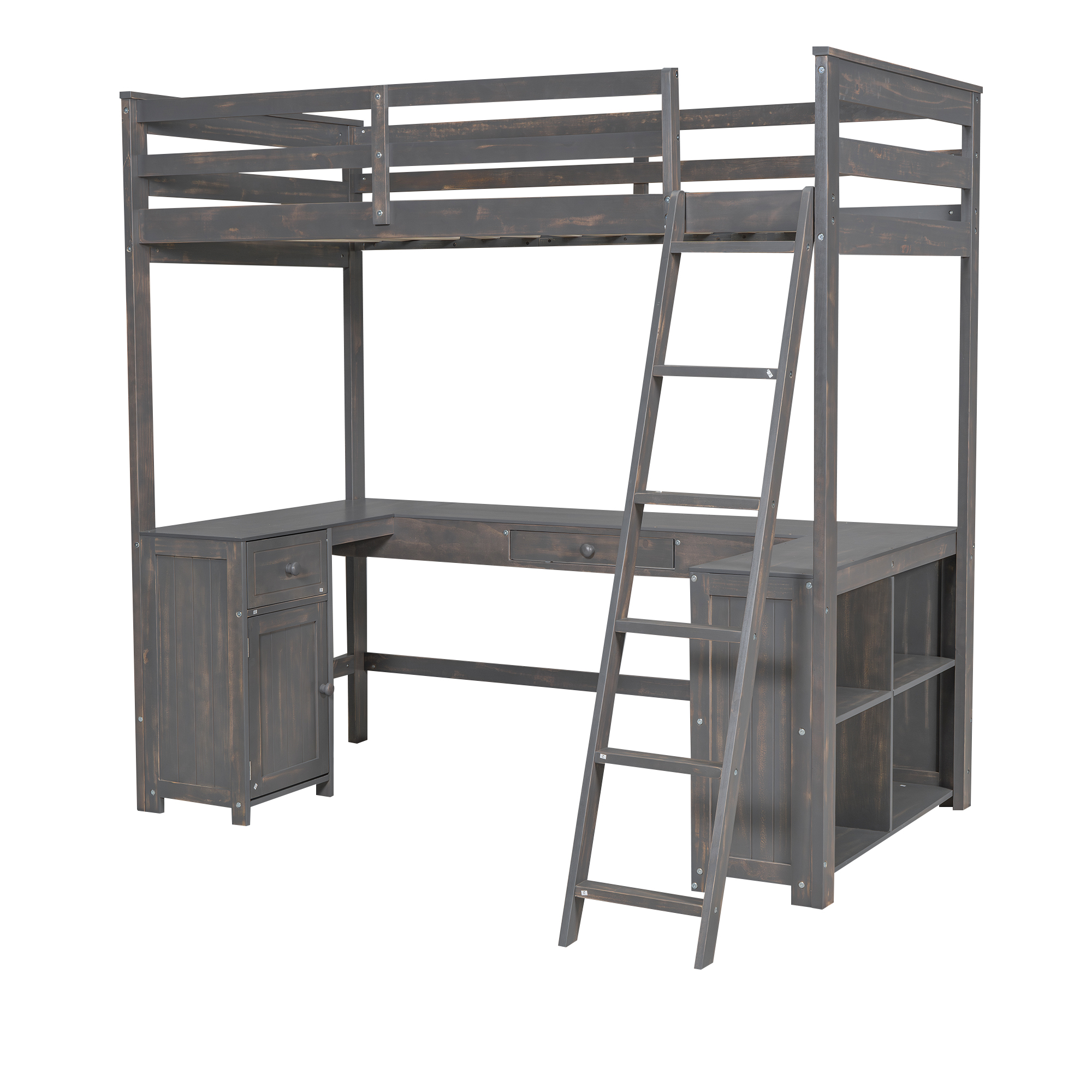 Full/Twin Size Loft Bed with U-shaped Desk, Drawers and Storage Shelves, White/Antique Brown 