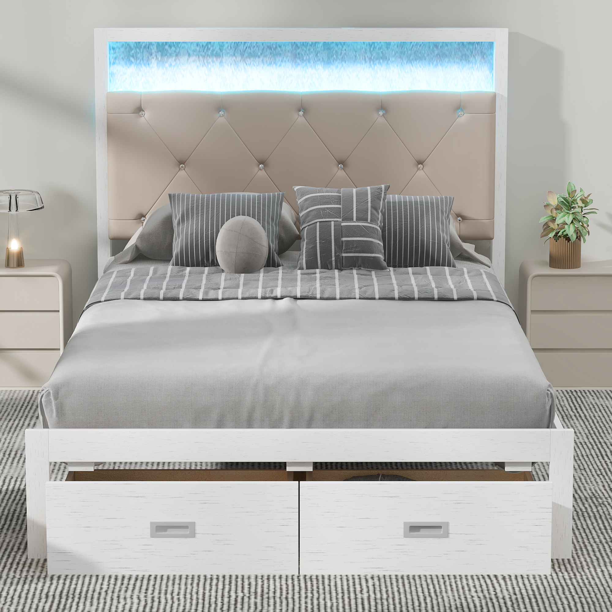 Wood Queen/Full Size Platform Bed with Upholstered Headboard and LED and 2 Drawers, Antique White 
