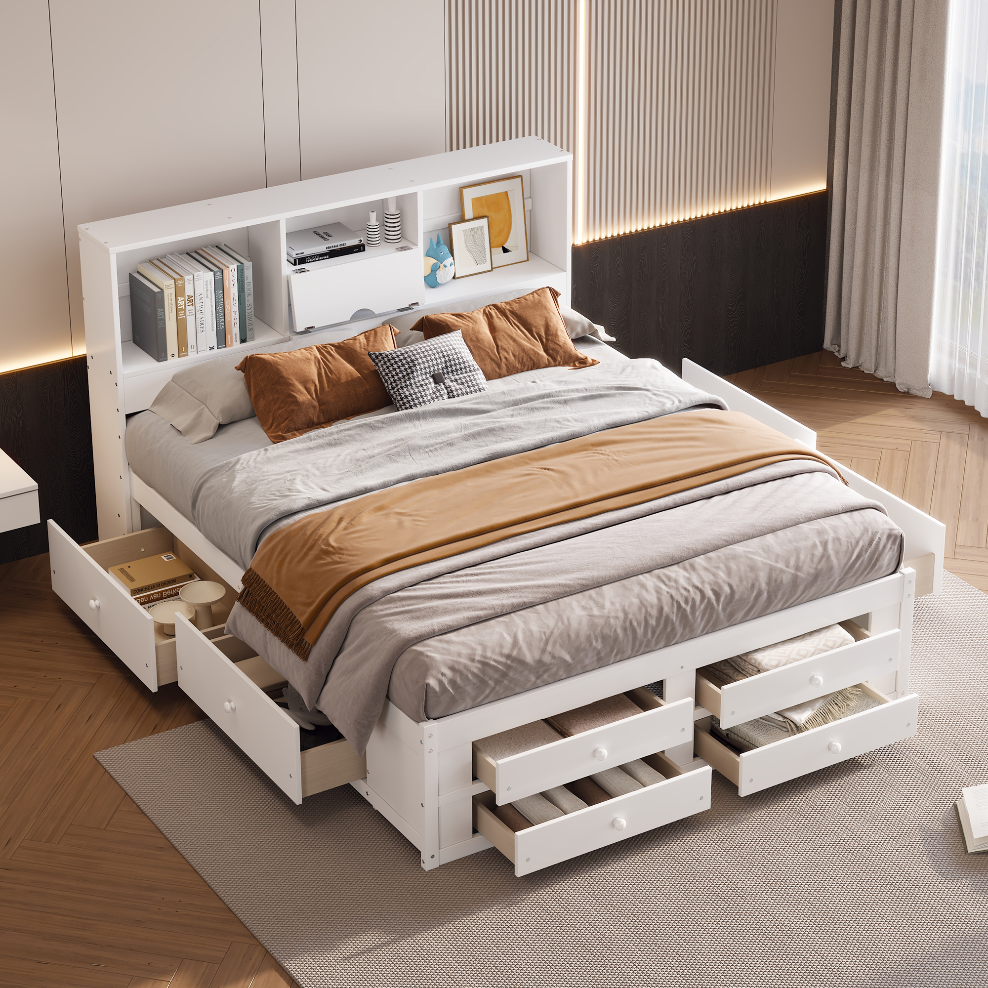 Queen/King Size Platform Bed with Storage Headboard and 8 Drawers, White/Gray