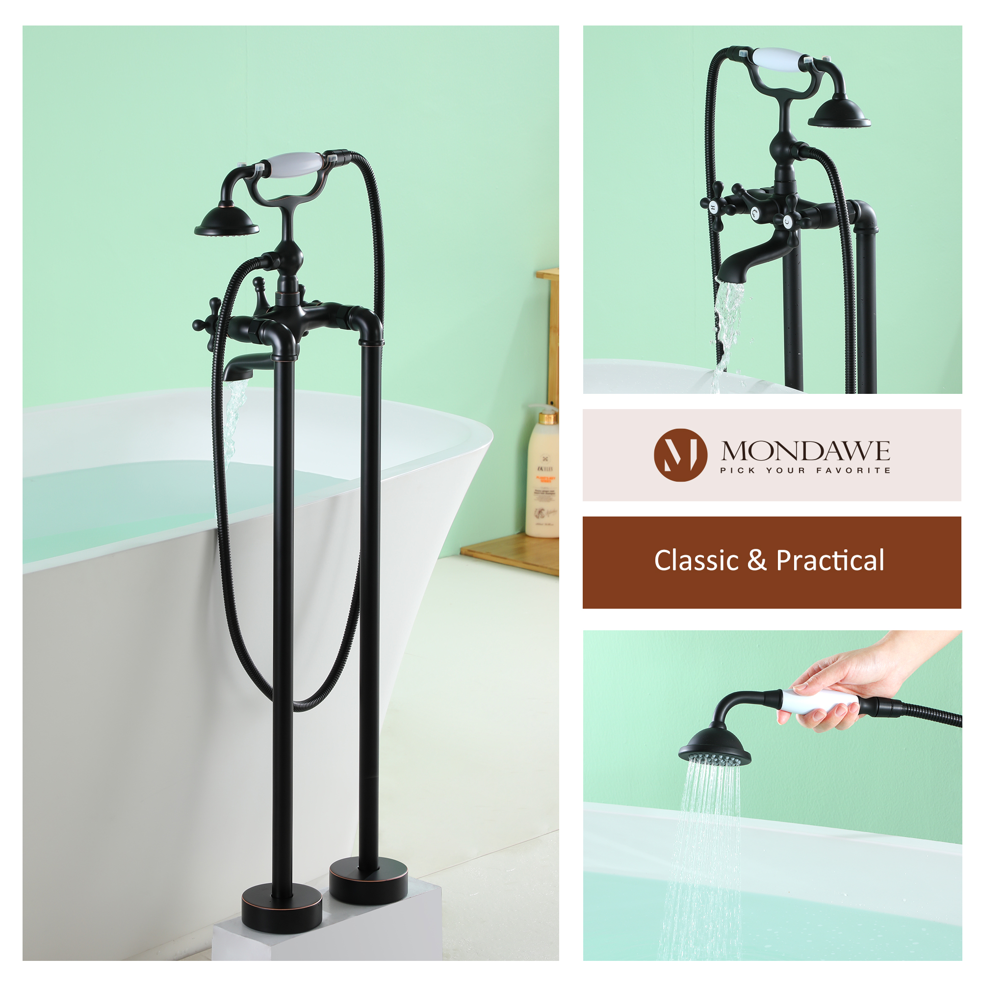 Mondawe 3-Handle Traditional Freestanding Bathtub Faucet(Oil Rubbed Bronze)-Mondawe
