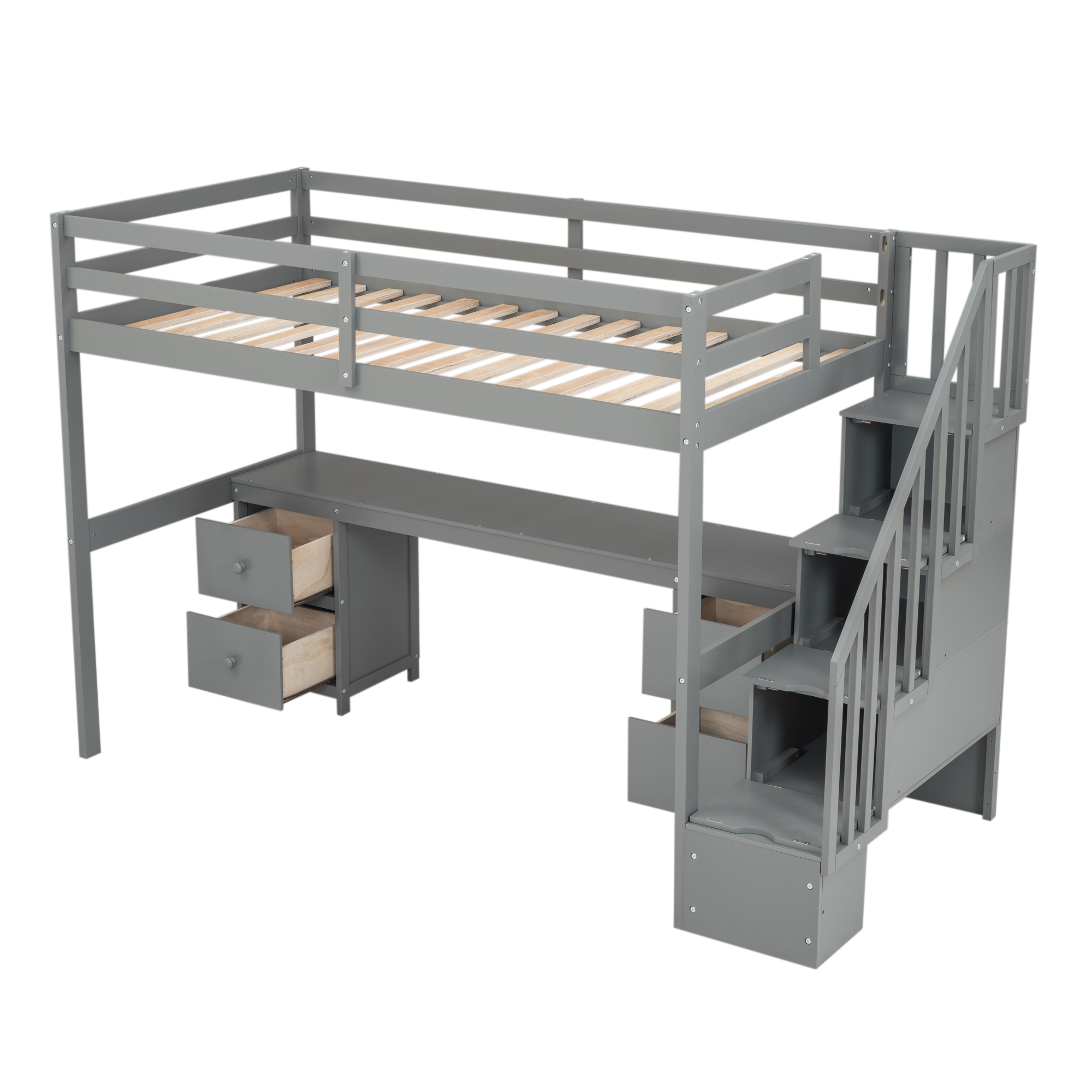 Twin Size Loft Bed Frame with Built-in Desk and Double Storage Drawers,White/Gray