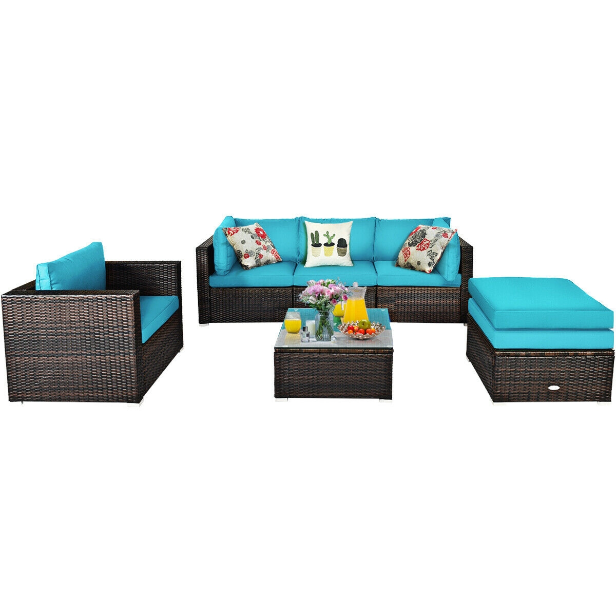 Mondawe 6 Pcs Patio Rattan Furniture Set with Sectional Cushion-Turquoise-Mondawe