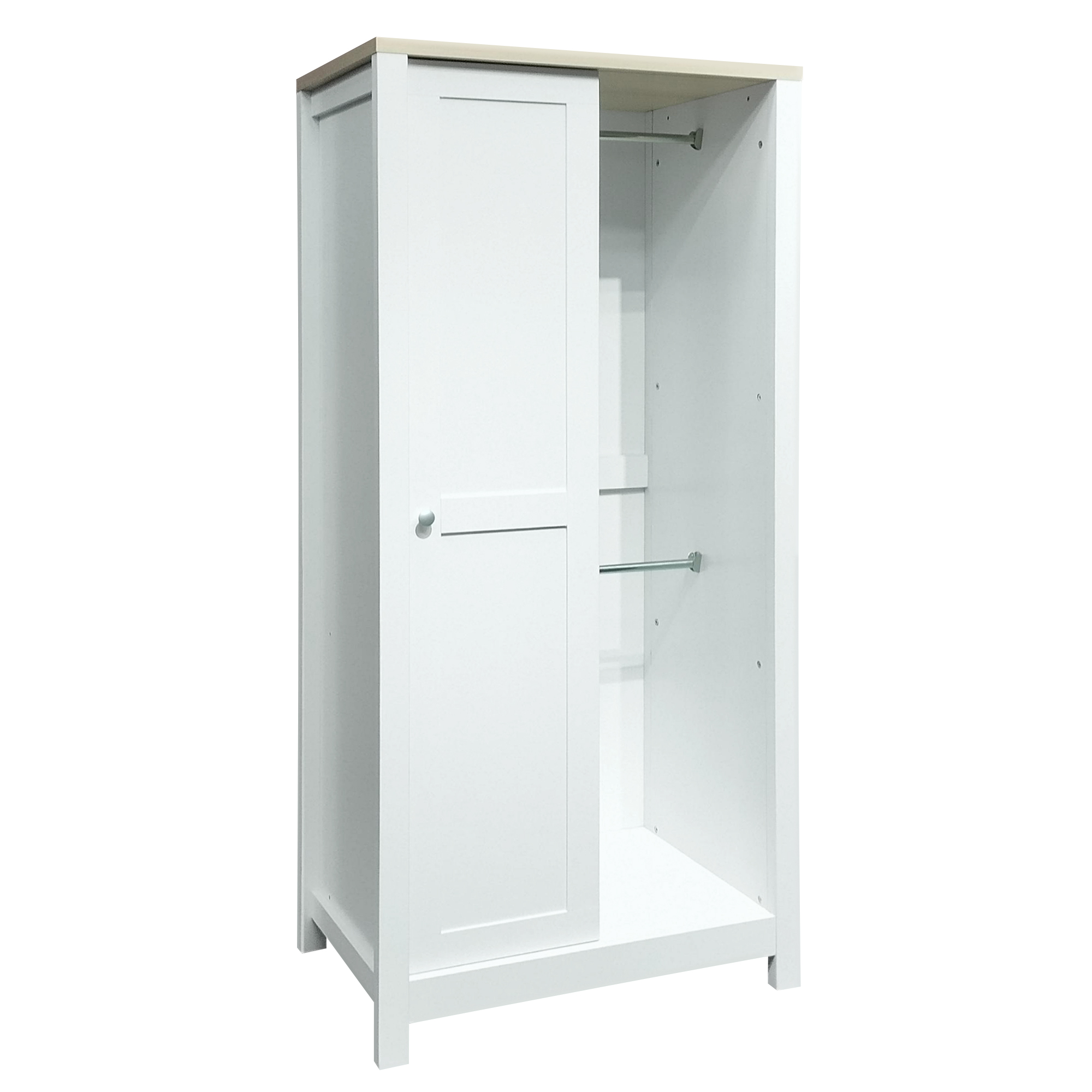 Bedroom Storage Wardrobe with Hanging Rods and 2 Drawers and Open Shelves,Sliding Door,White 