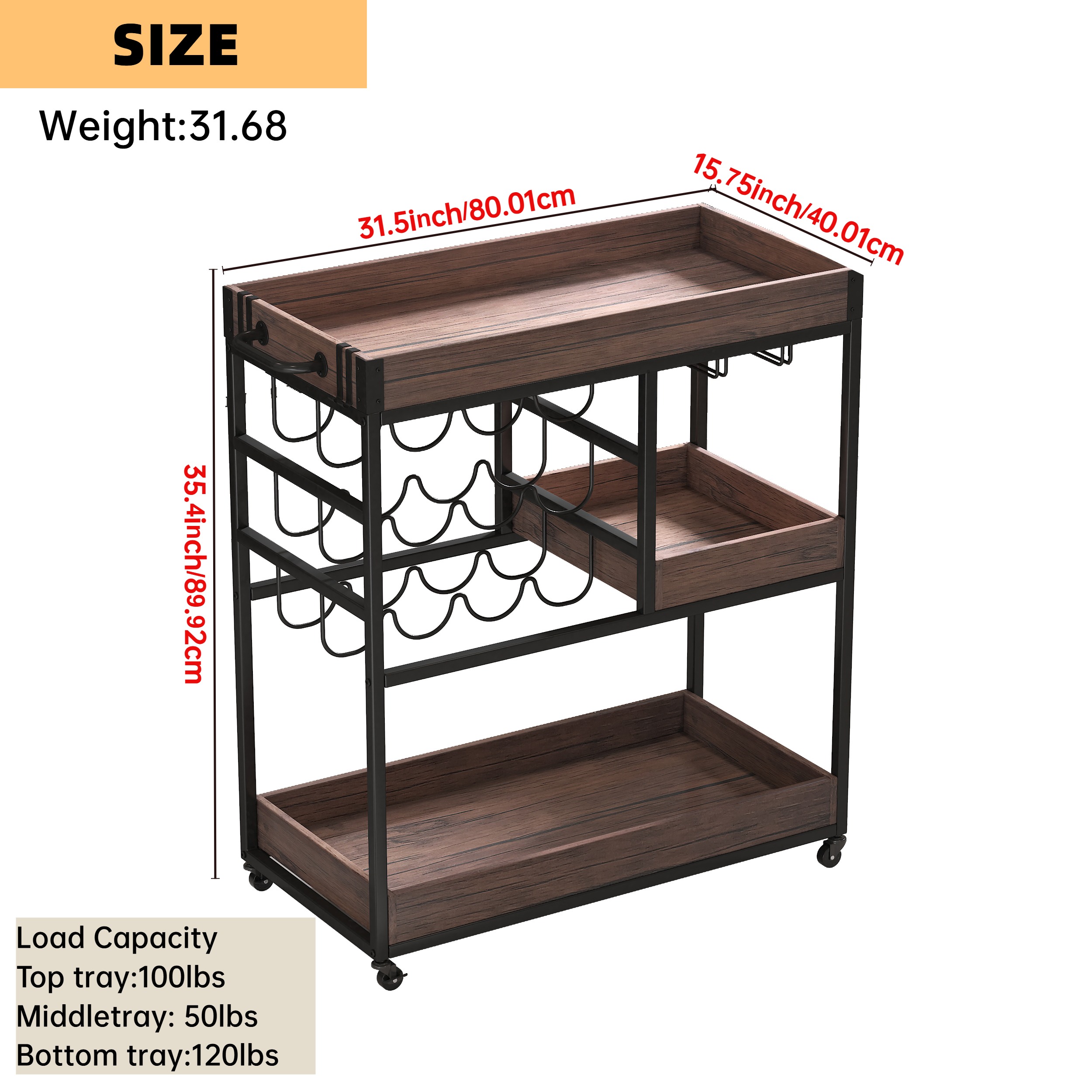 3 Tier Industrial Rolling Serving Cart with Lockable Wheels, Wine Rack Cart with Glass Holder for Indoor and Outdoor, Beverage Trolley cart with 2 Removable Tray, 