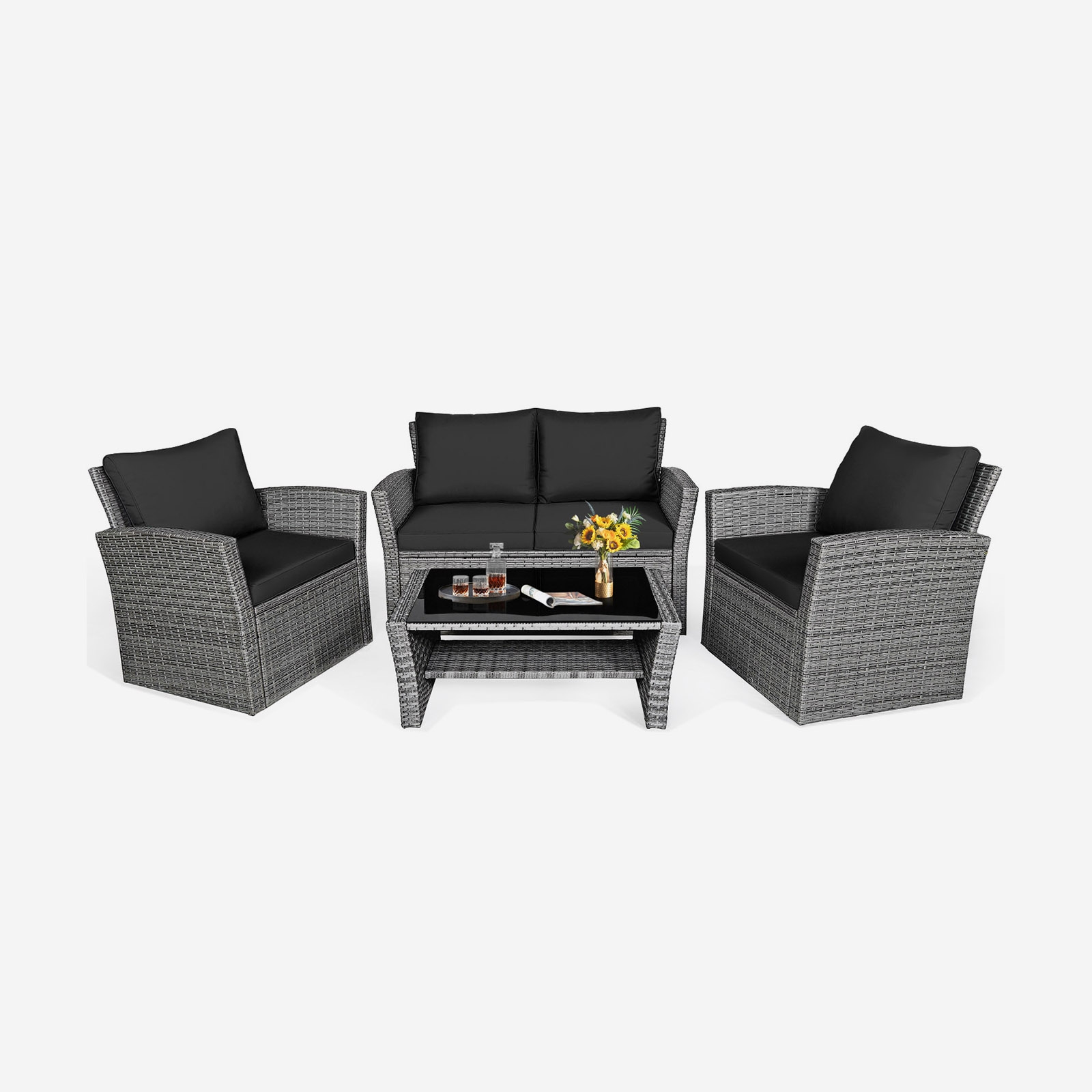 Mondawe 4 Pcs Patio Rattan Furniture Set Sofa Table with Storage Shelf Cushion-Black-Mondawe