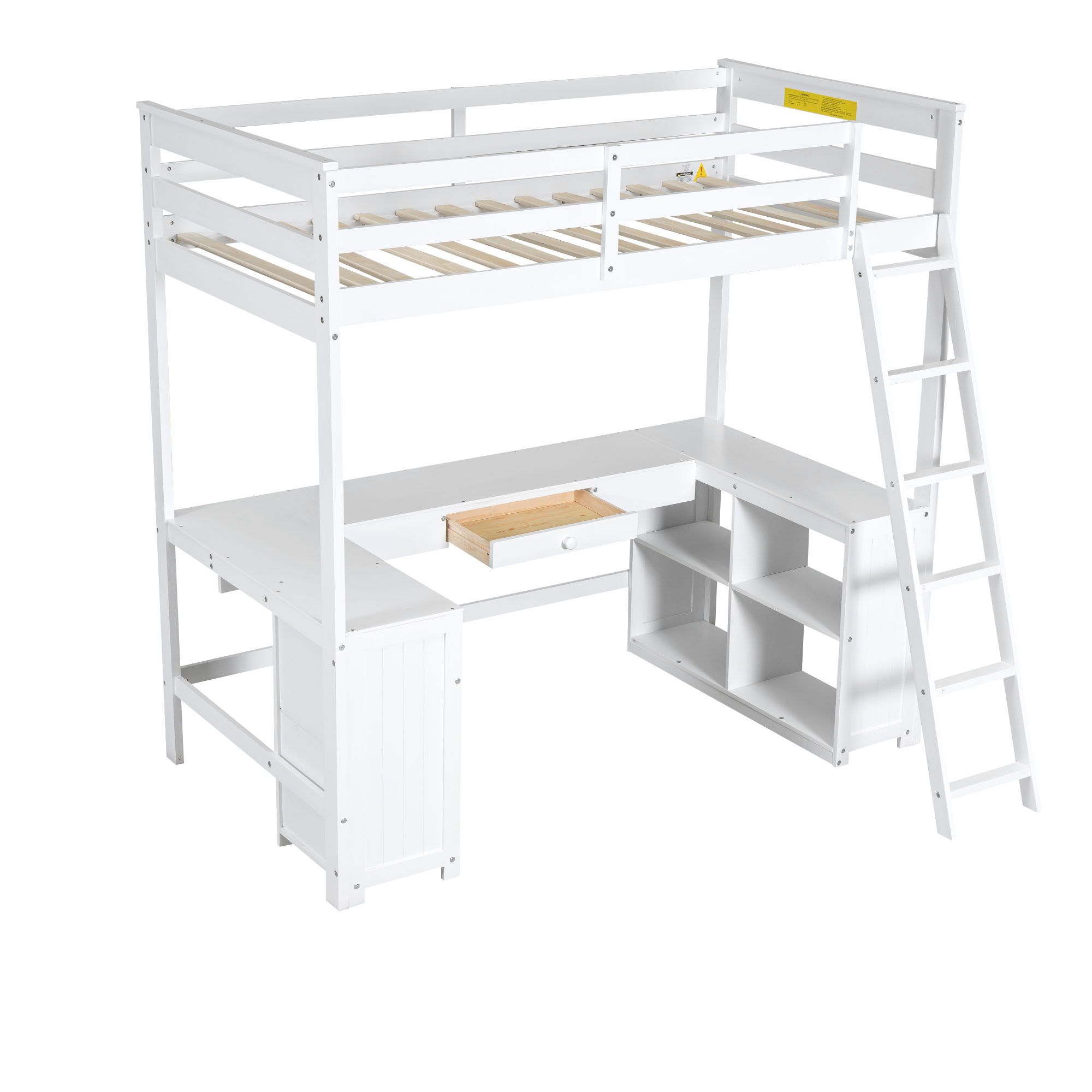 Full/Twin Size Loft Bed with U-shaped Desk, Drawers and Storage Shelves, White/Antique Brown 