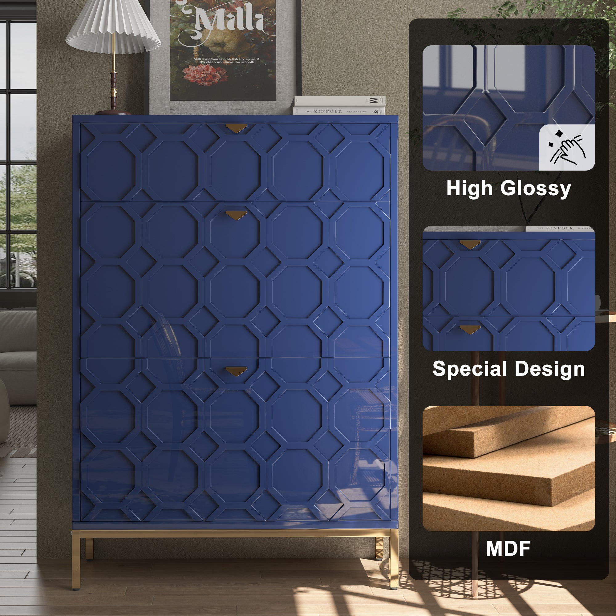 Boyel Living 46.5 in.H x 31.5 in.W White Shoe Storage Cabinet with Drawers and Golden Handle