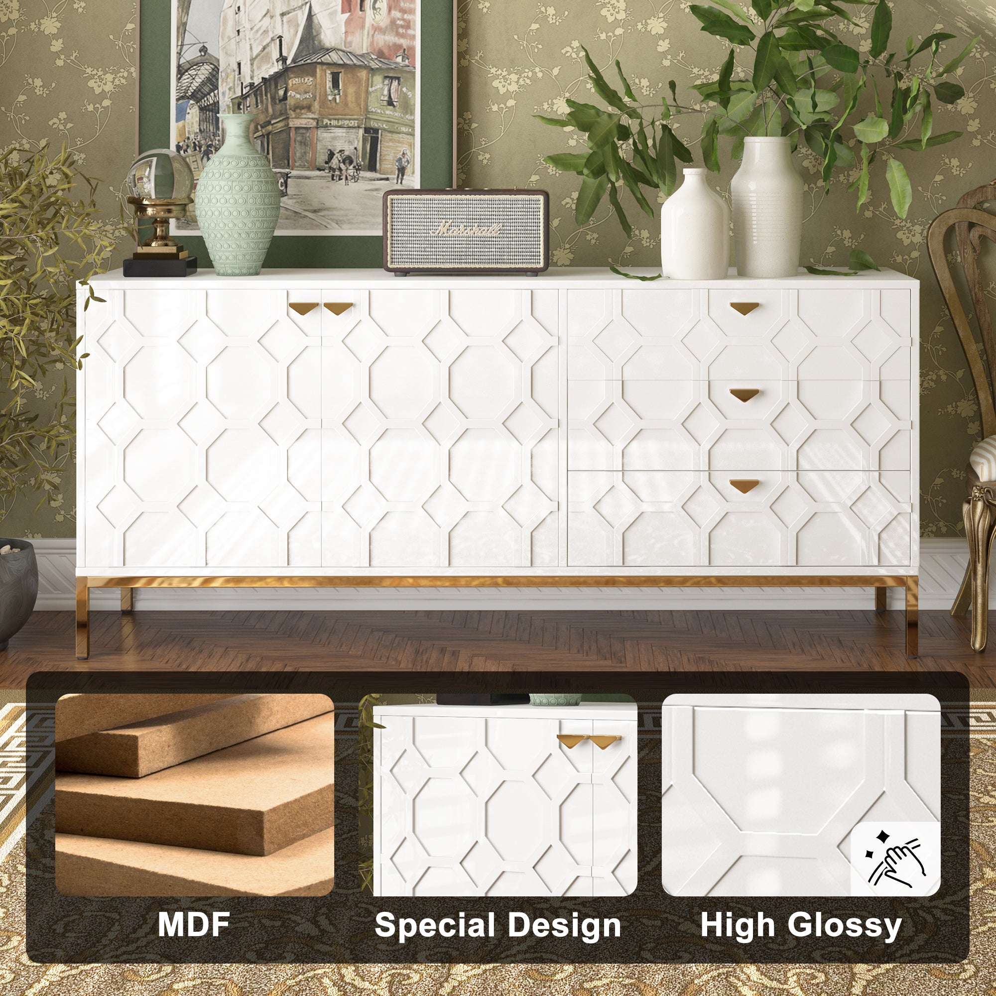 Sideboard Cabinet with Storage 3 Drawers & 2 Doors, Console Table with Storage Cabinet Buffet Cabinet for Living Room, Dining Room, Entryway