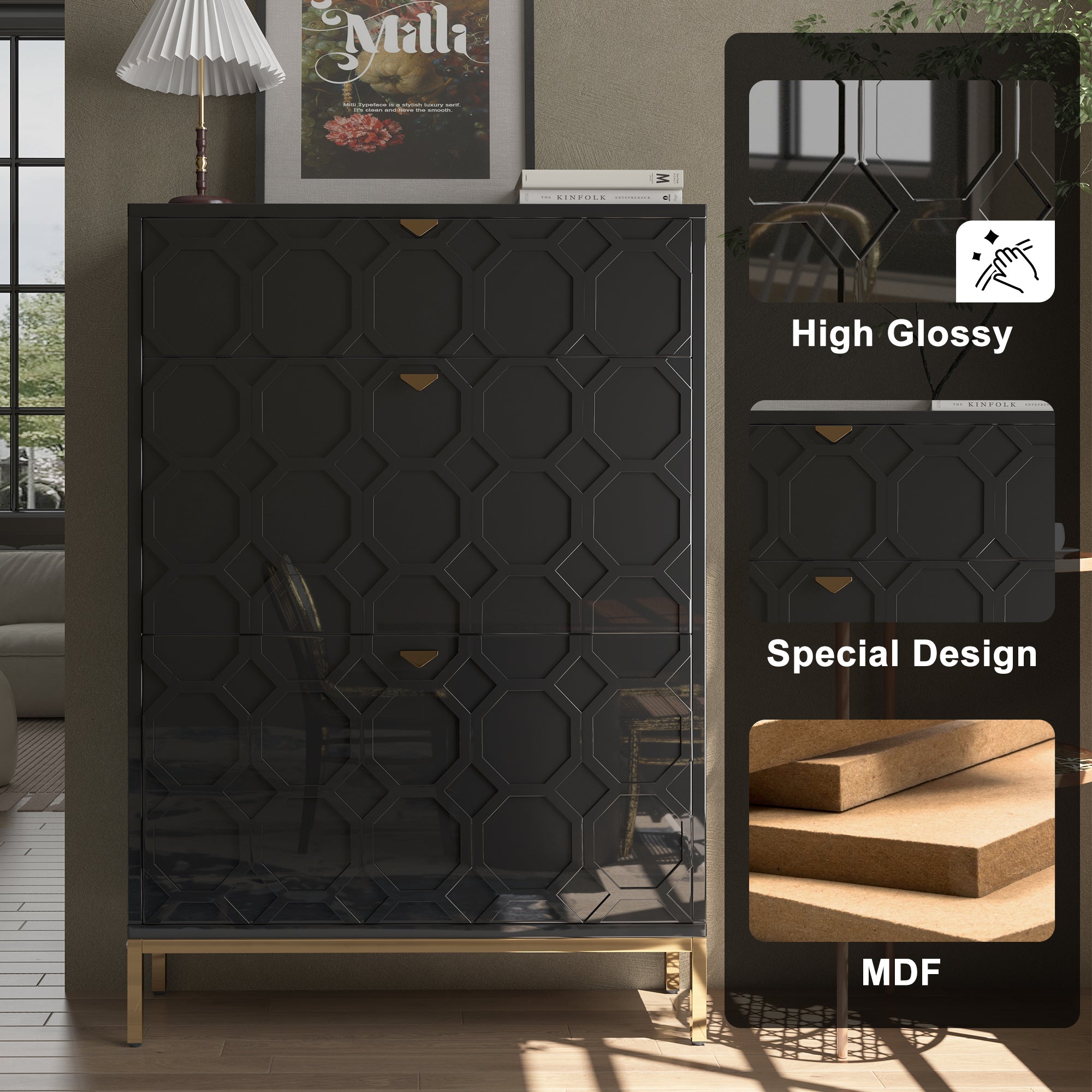 Boyel Living 46.5 in.H x 31.5 in.W White Shoe Storage Cabinet with Drawers and Golden Handle