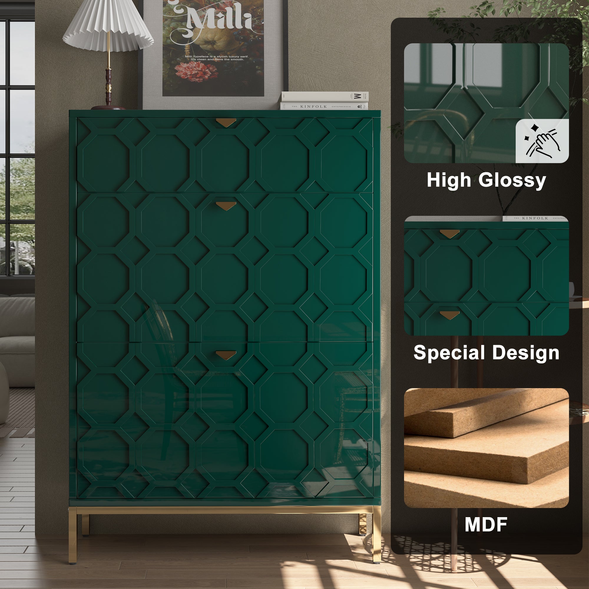 Boyel Living 46.5 in.H x 31.5 in.W White Shoe Storage Cabinet with Drawers and Golden Handle