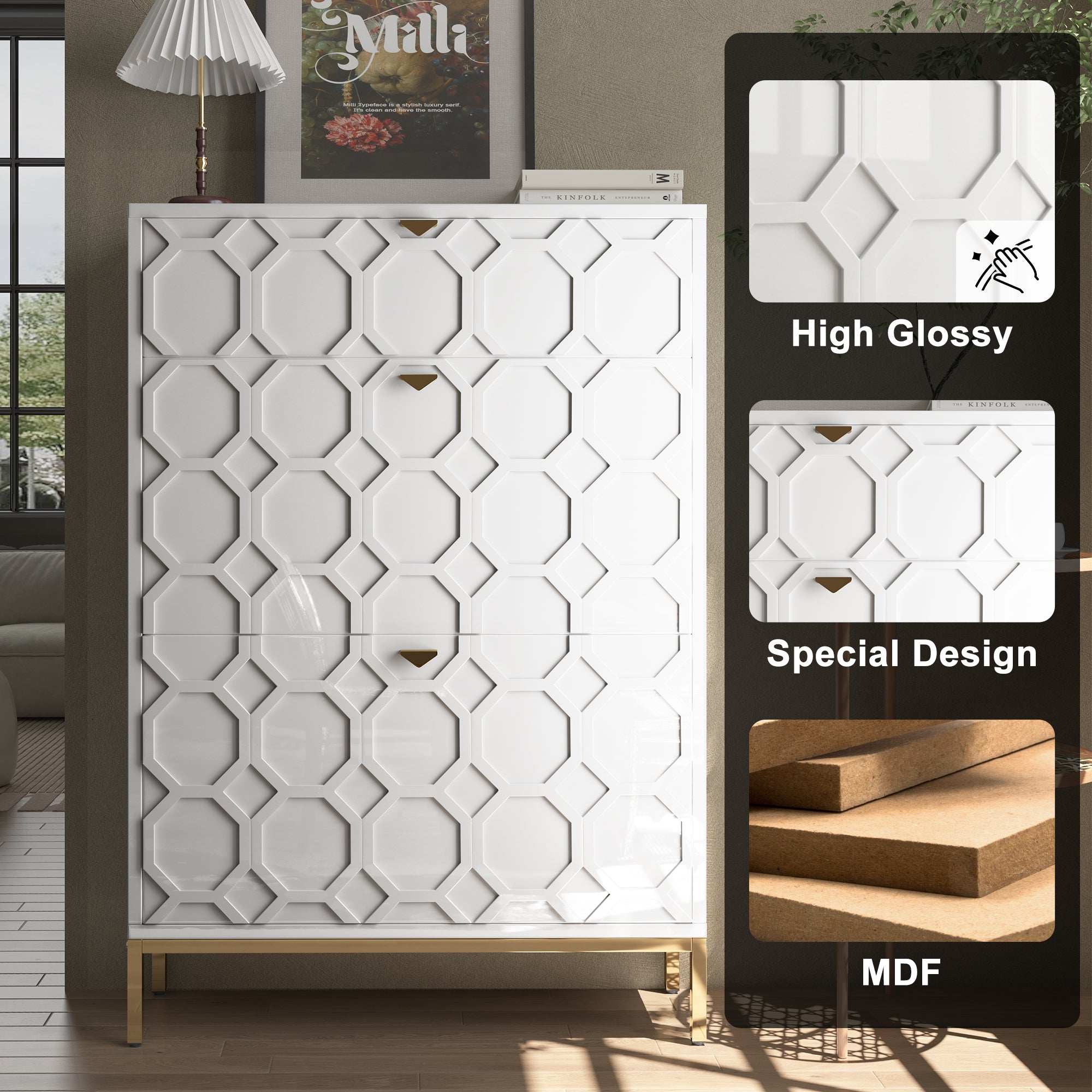 Boyel Living 46.5 in.H x 31.5 in.W White Shoe Storage Cabinet with Drawers and Golden Handle