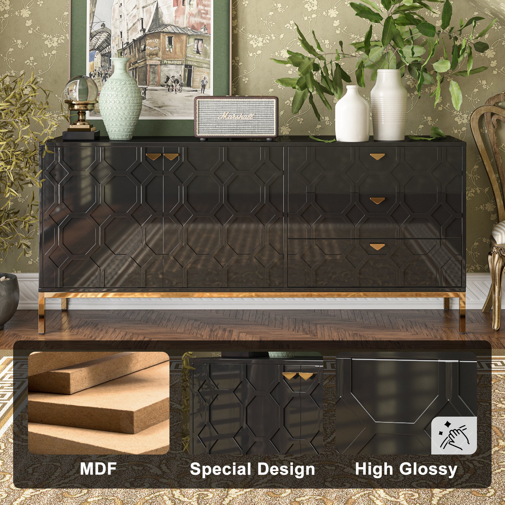 Sideboard Cabinet with Storage 3 Drawers & 2 Doors, Console Table with Storage Cabinet Buffet Cabinet for Living Room, Dining Room, Entryway