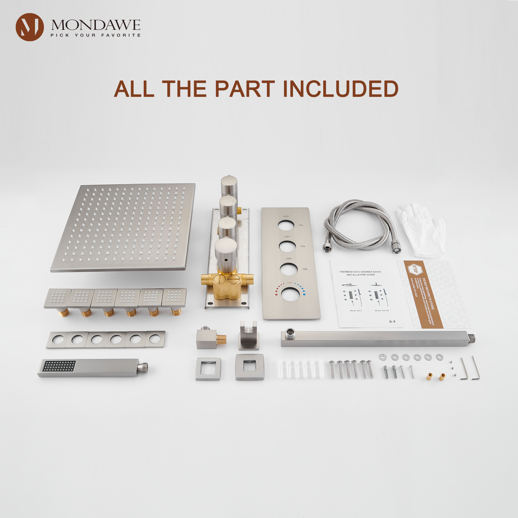 Mondawe Luxury Wall Mount Rain Shower Head with 6 Shower Jet and LED 3-Spray Patterns Thermostatic 12 in. -Mondawe