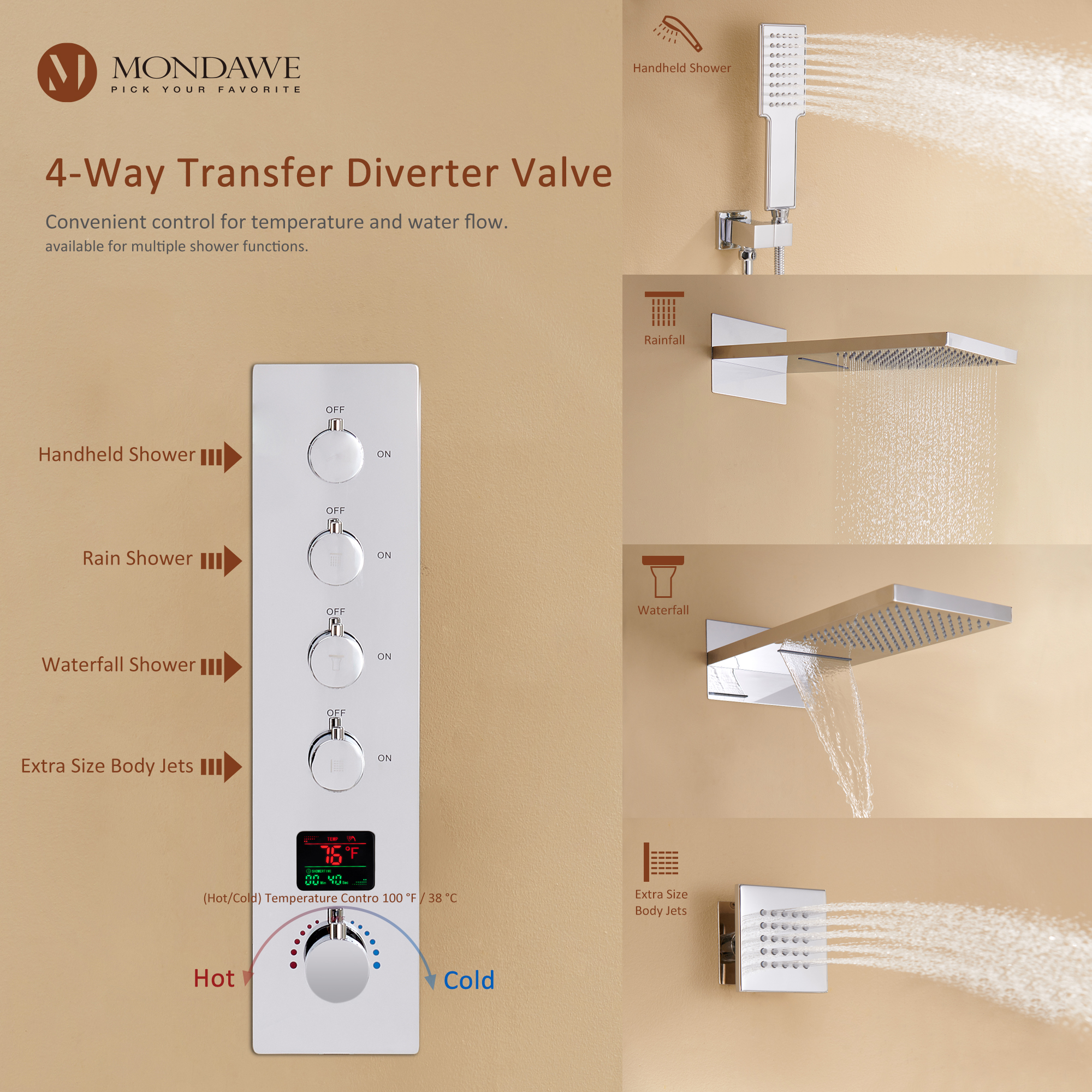 Mondawe Luxury Rain Dual Shower Heads Wall Mounted 22 in. with Digital Temperature Display 4 Spray Patterns Thermostatic and 3 Body Jets-Mondawe