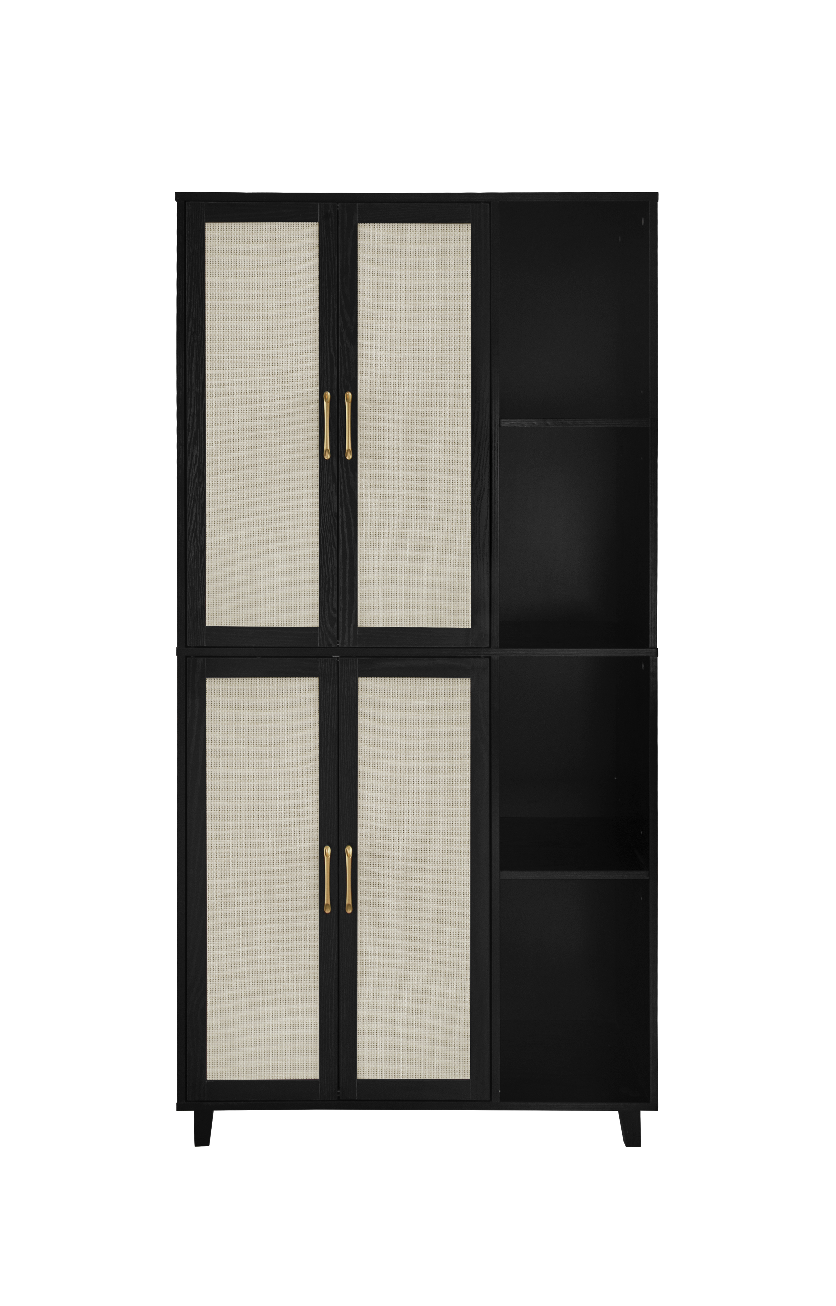 4 Door Cabinet with 4 Shelves with 4 Adjustable Inner Shelves, Storage Cabinet,  Black / Natural 