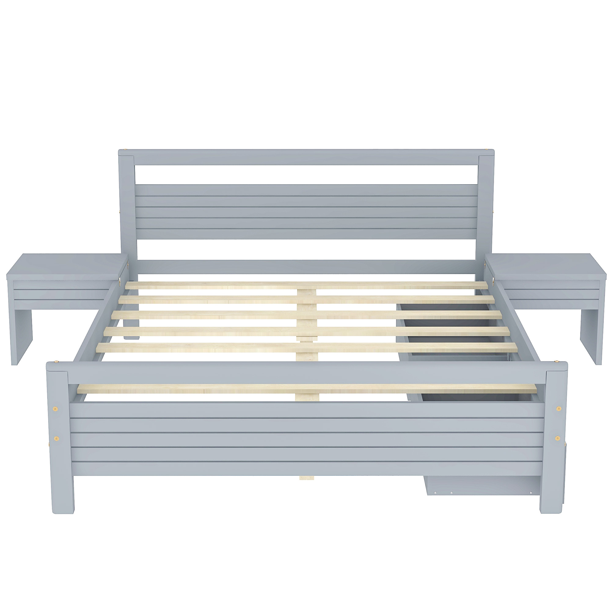 Queen Size Wooden Platform Bed with 2 Storage Drawers and 2 bedside tables, Gray/White 