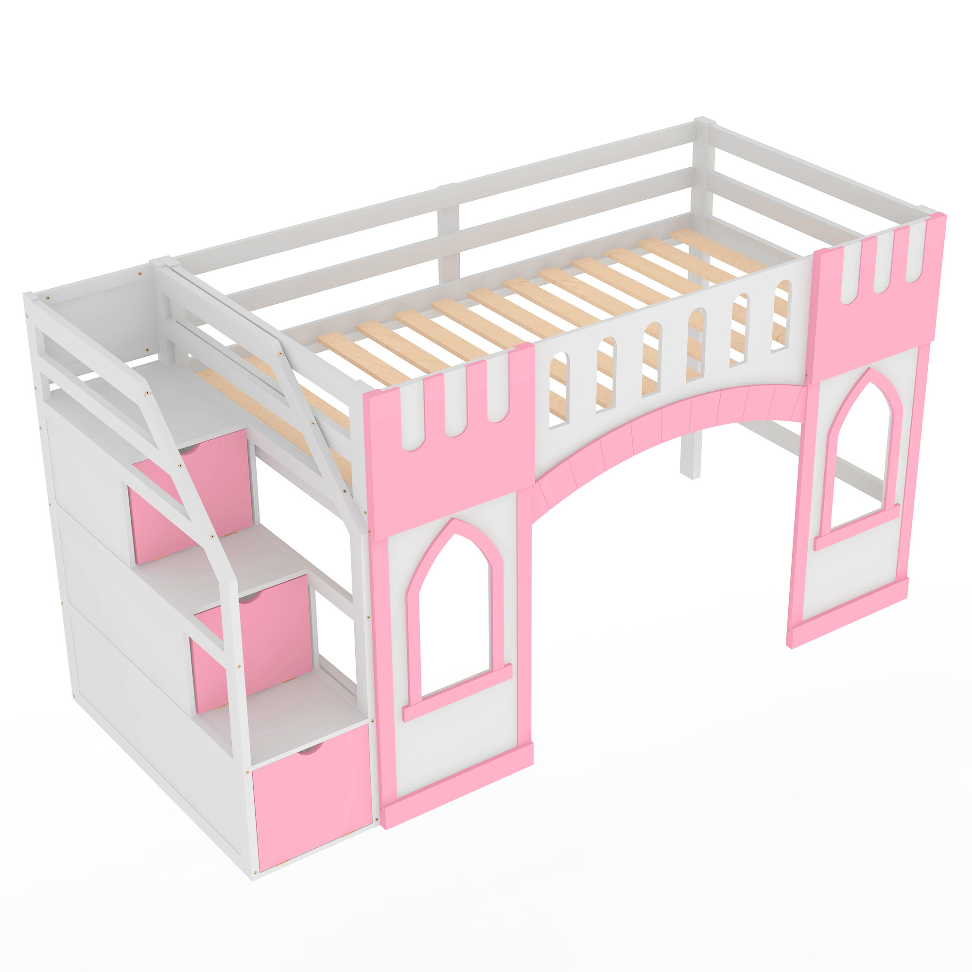 Twin Size Loft Bed with Storage Staircase and Window, White/Pink