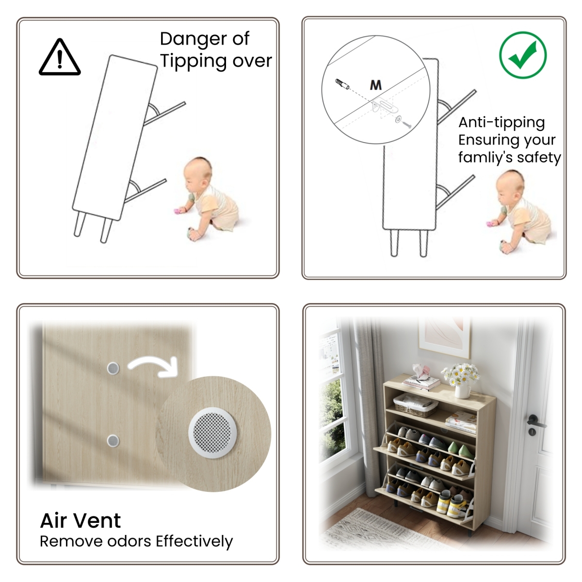 Farmhouse Shoe Storage Cabinet with Barn Door Design, Shoe Organizer with 2 Flip Drawers, Freestanding Narrow Shoe Rack Cabinet with Open Storage for Entryway,Foyer,Hallway,(Antique White/Natural Wood) 