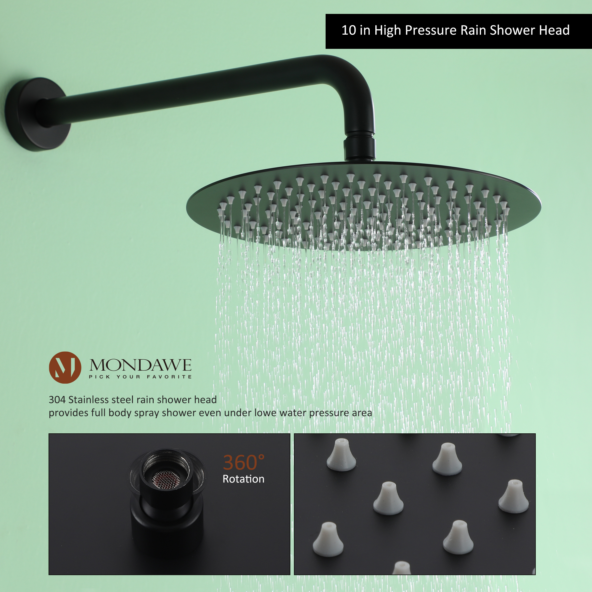 Mondawe Three function Pressure Balance Shower Set with 10 in Round Shower Head(5 color, Valve Included)-Mondawe