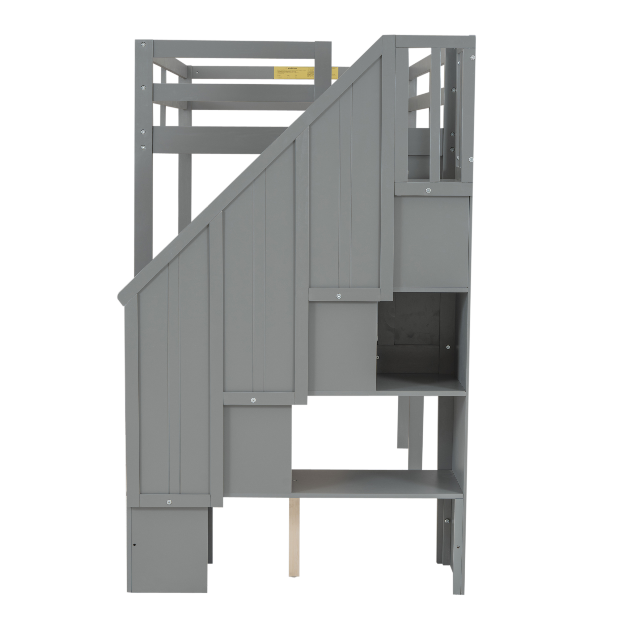 Twin Size Loft Bed Frame with Storage Staircase and Double Desks and Shelves,Gray/White