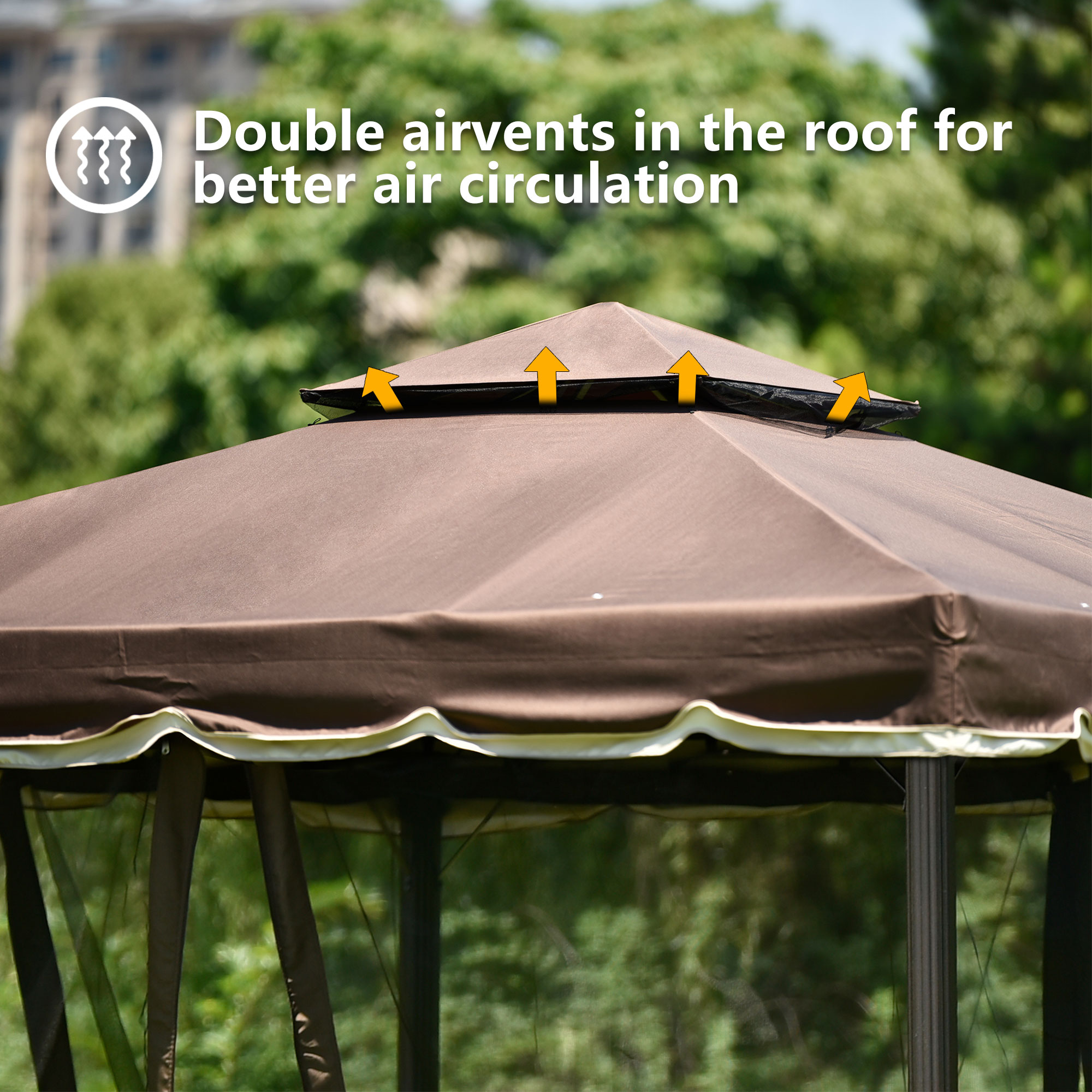 Mondawe 9.8Ft. Wx9.8Ft.L Outdoor Iron Vented Dome Top Patio Gazebo with Netting for Backyard Poolside and Deck Brown-Mondawe