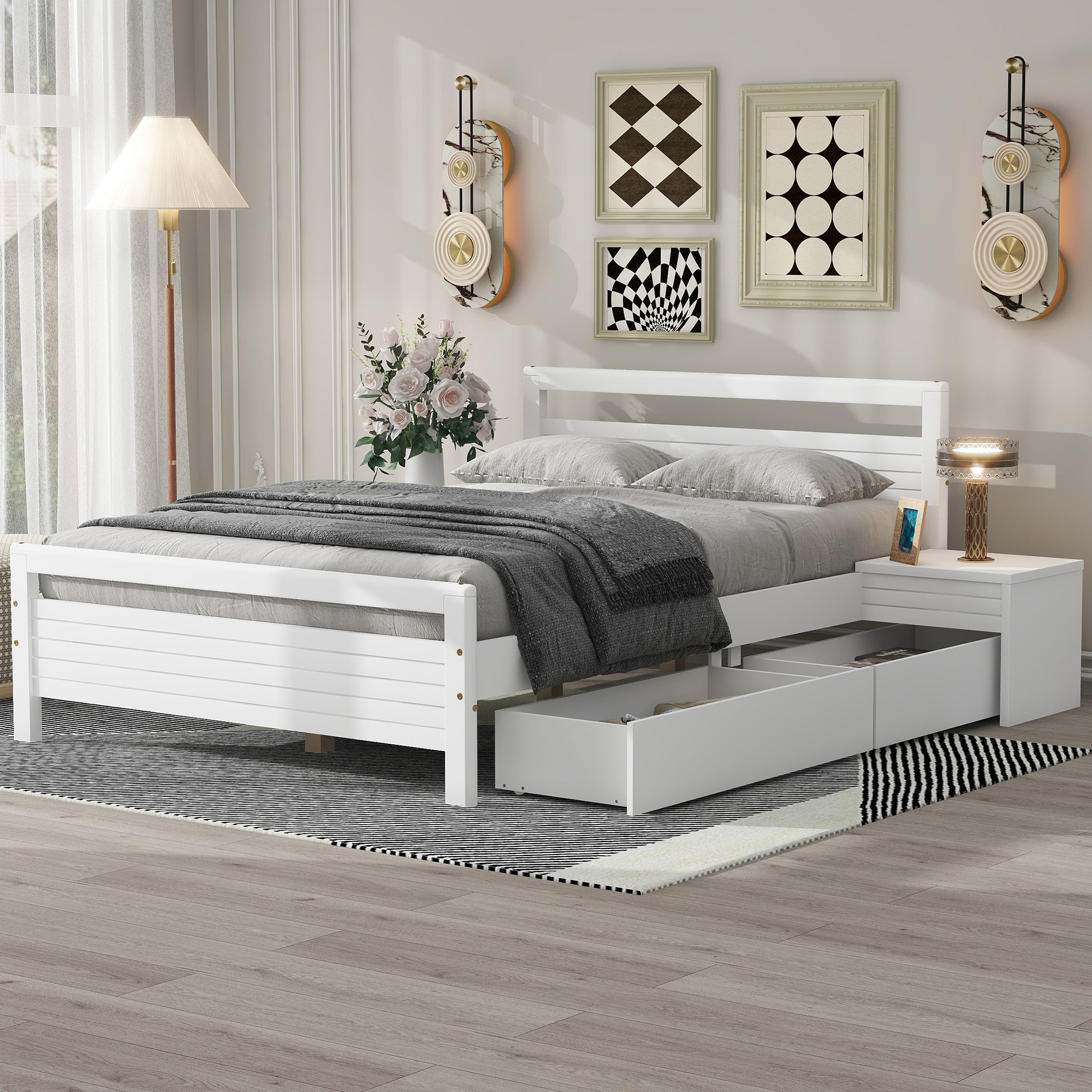 Full Size Wooden Platform Bed with 2 Storage Drawers and 2 bedside tables, White 