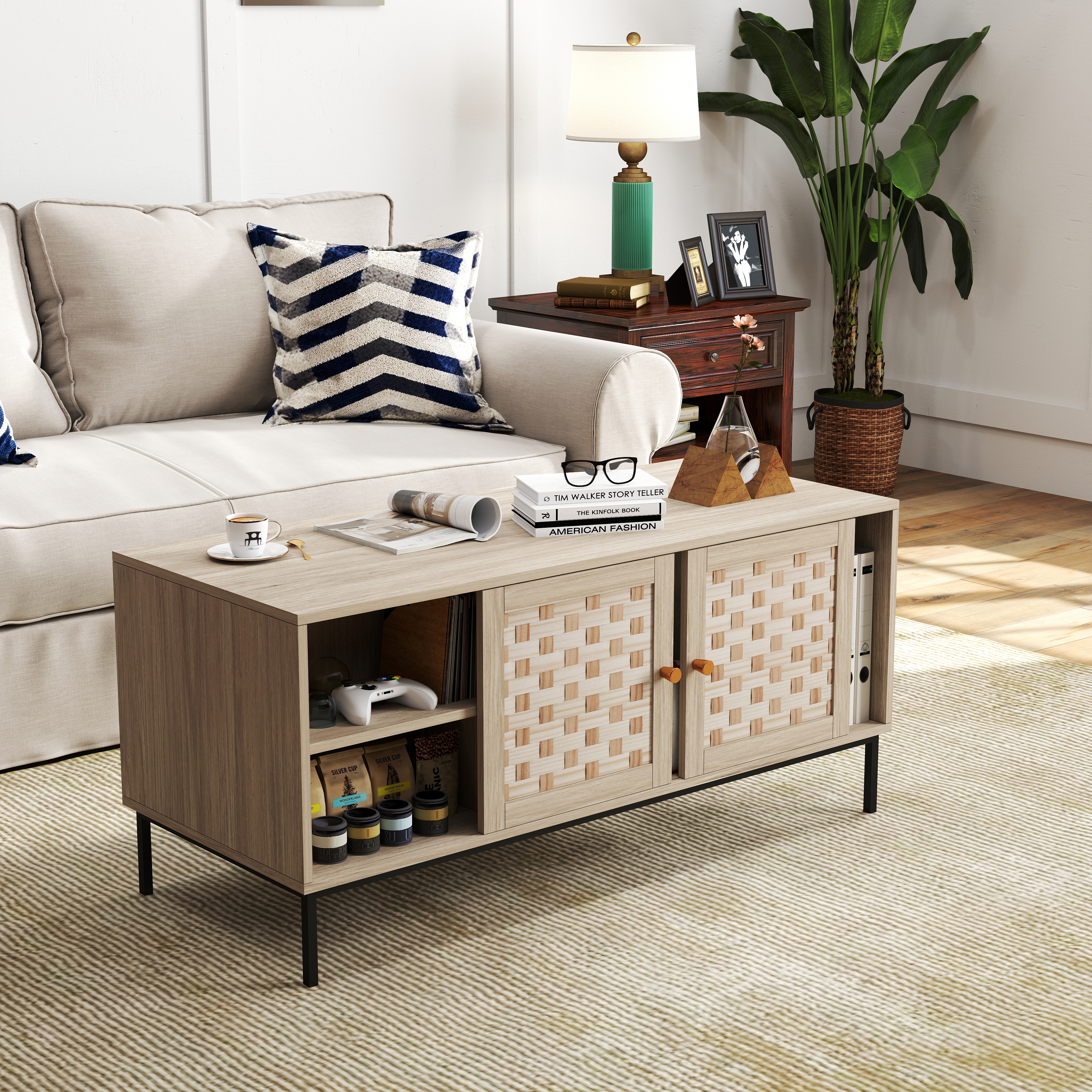 Elegant Veener Weaving Design Coffee Table with 4 Sliding Door, Wooden Center Rectangular Table with Symmetrical Design Storage Cabinet 