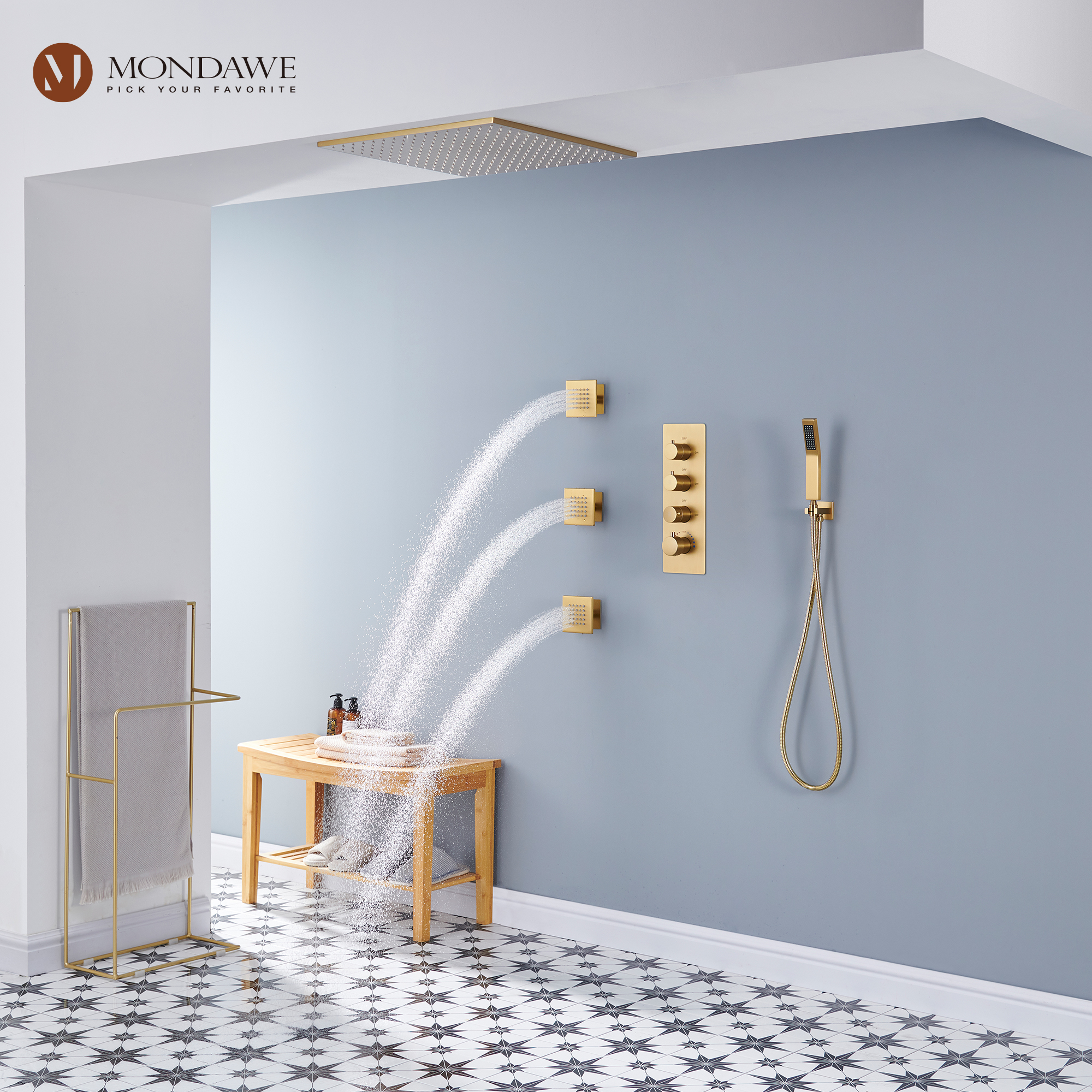 20 Inch Ceiling Mounted Rain Shower Head System Luxury 3-Spray Patterns Thermostatic Shower Faucets Sets Complete with 3-Function Shower Head and Solid Brass Handshower-Mondawe
