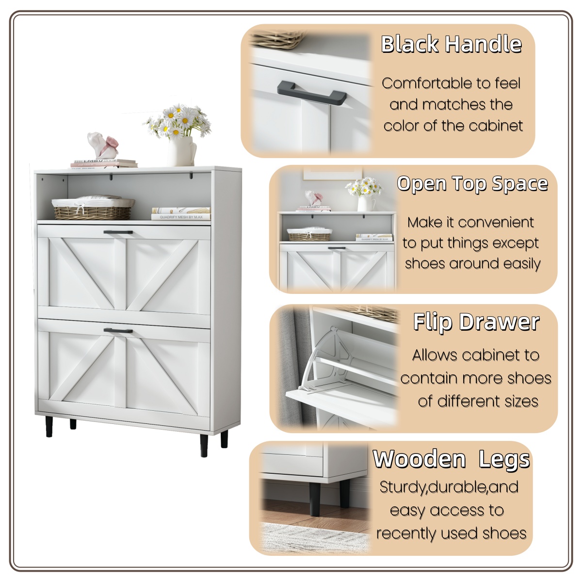 Farmhouse Shoe Storage Cabinet with Barn Door Design, Shoe Organizer with 2 Flip Drawers, Freestanding Narrow Shoe Rack Cabinet with Open Storage for Entryway,Foyer,Hallway,(Antique White/Natural Wood) 