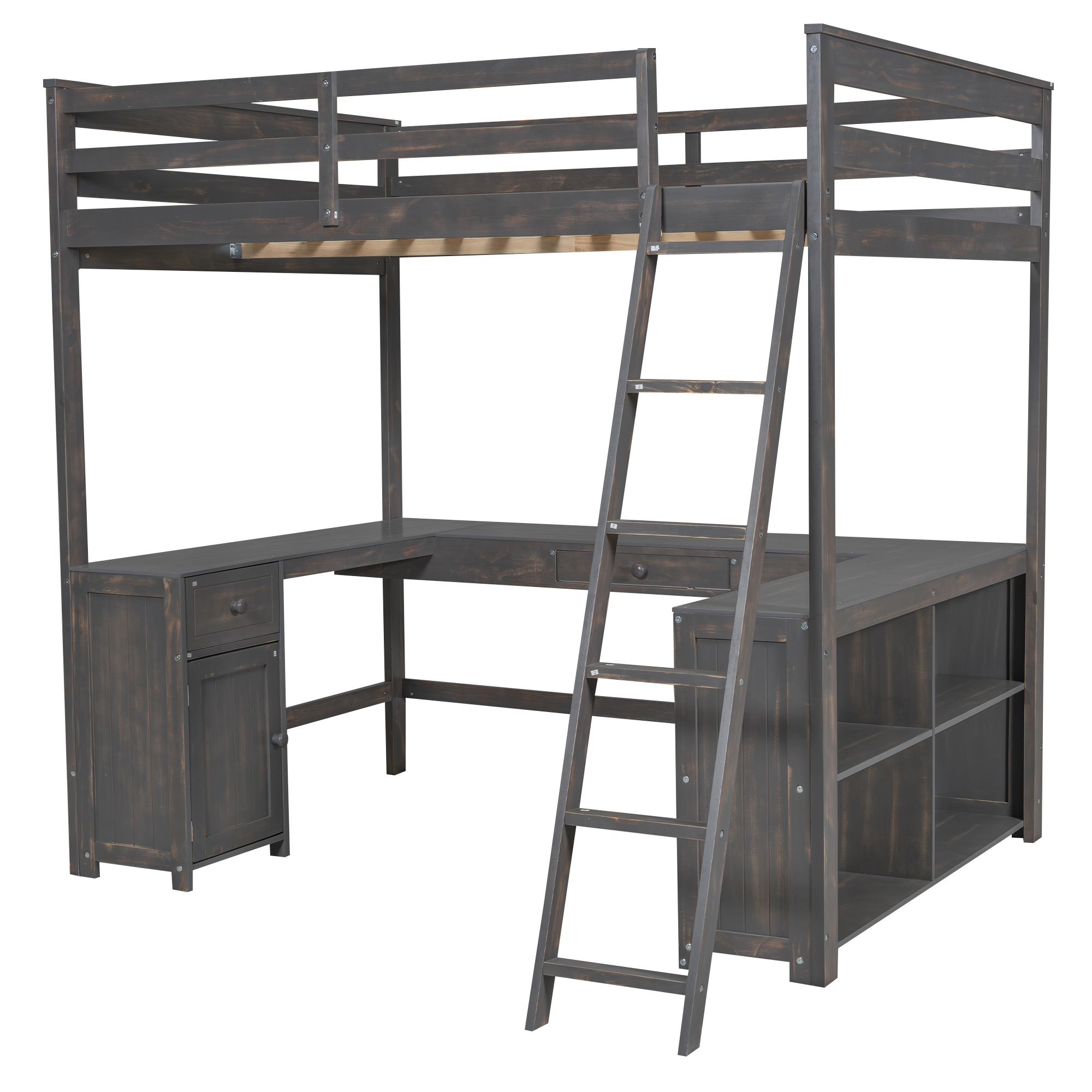 Full/Twin Size Loft Bed with U-shaped Desk, Drawers and Storage Shelves, White/Antique Brown 