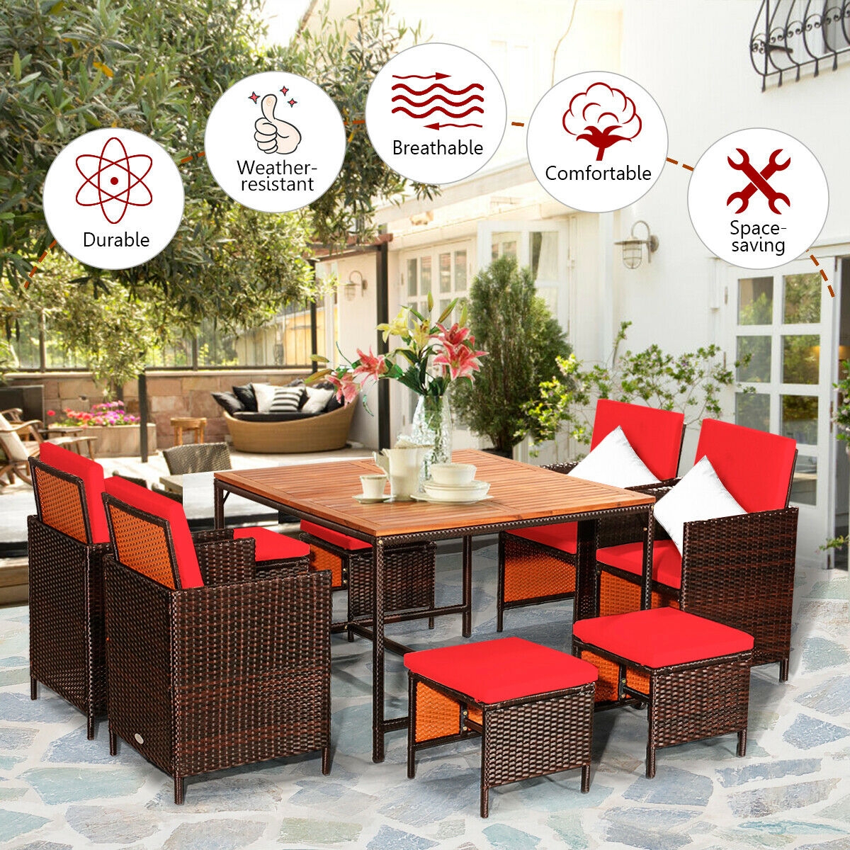 Mondawe 9PCS Patio Rattan Dining Cushioned Chairs Set-Red-Mondawe