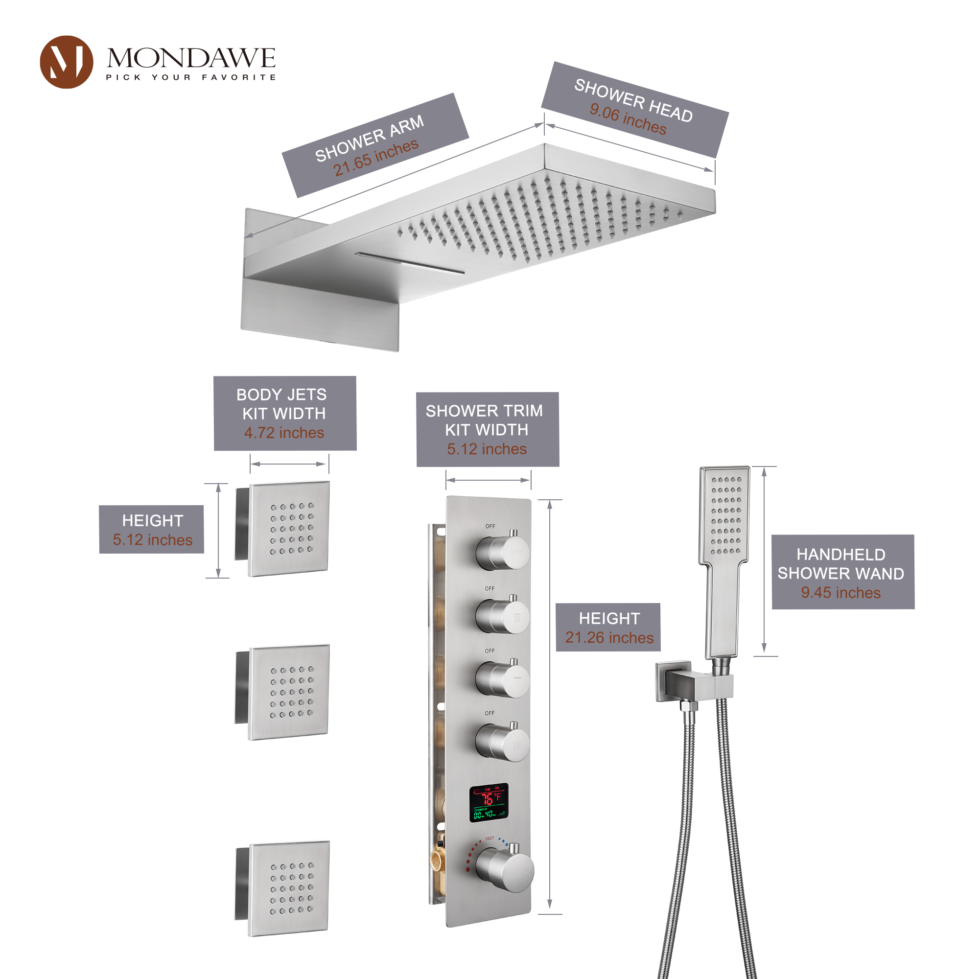 Mondawe Luxury Rain Dual Shower Heads Wall Mounted 22 in. with Digital Temperature Display 4 Spray Patterns Thermostatic and 3 Body Jets-Mondawe