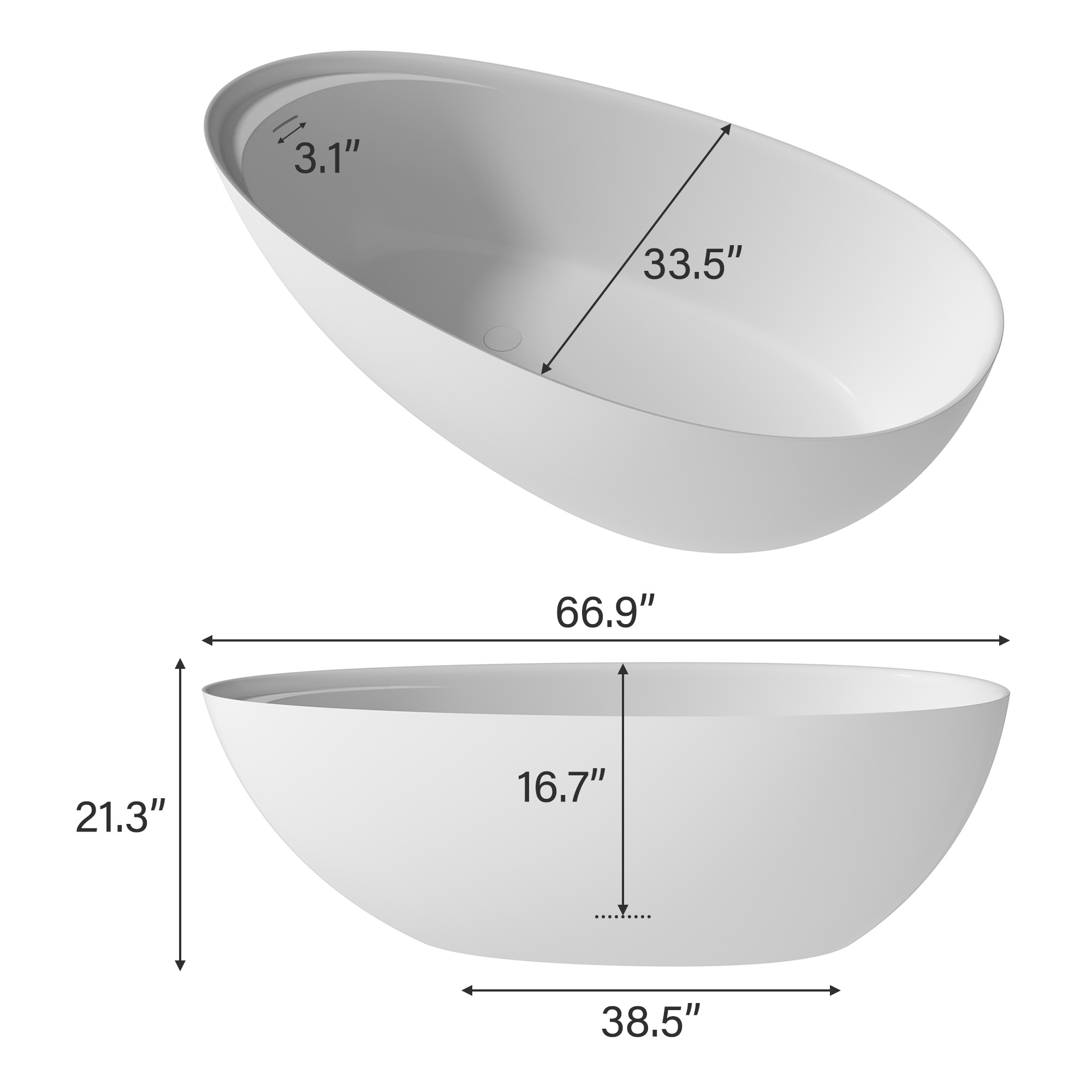 Boyel living 67" Free Standing Tub, Stone Resin Freestanding Tub Large Space Solid Surface Matte White Soaking Tub with Drain, Drain Hose & Sanding Paper