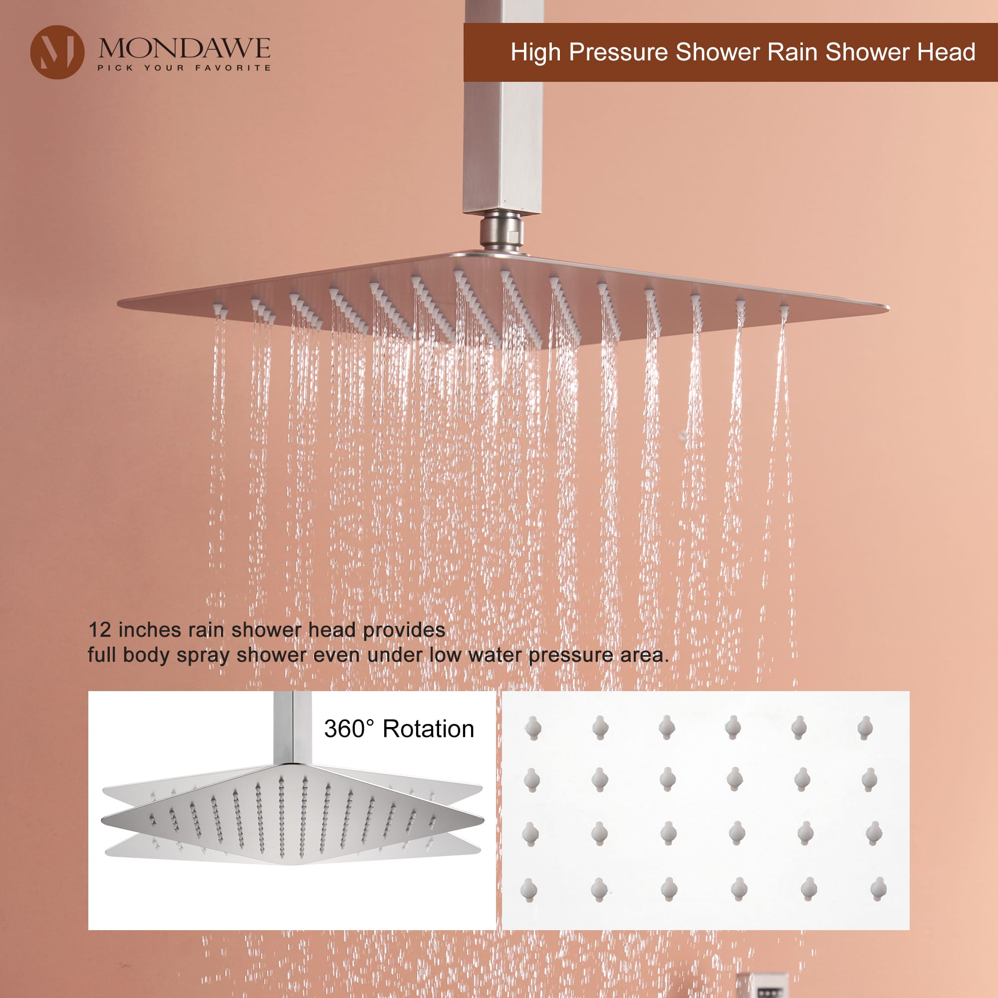 Mondawe Ceiling Mount Thermostatic Rainfall Shower System Set with Hand Held Shower Head and 6 Body Jets-Mondawe