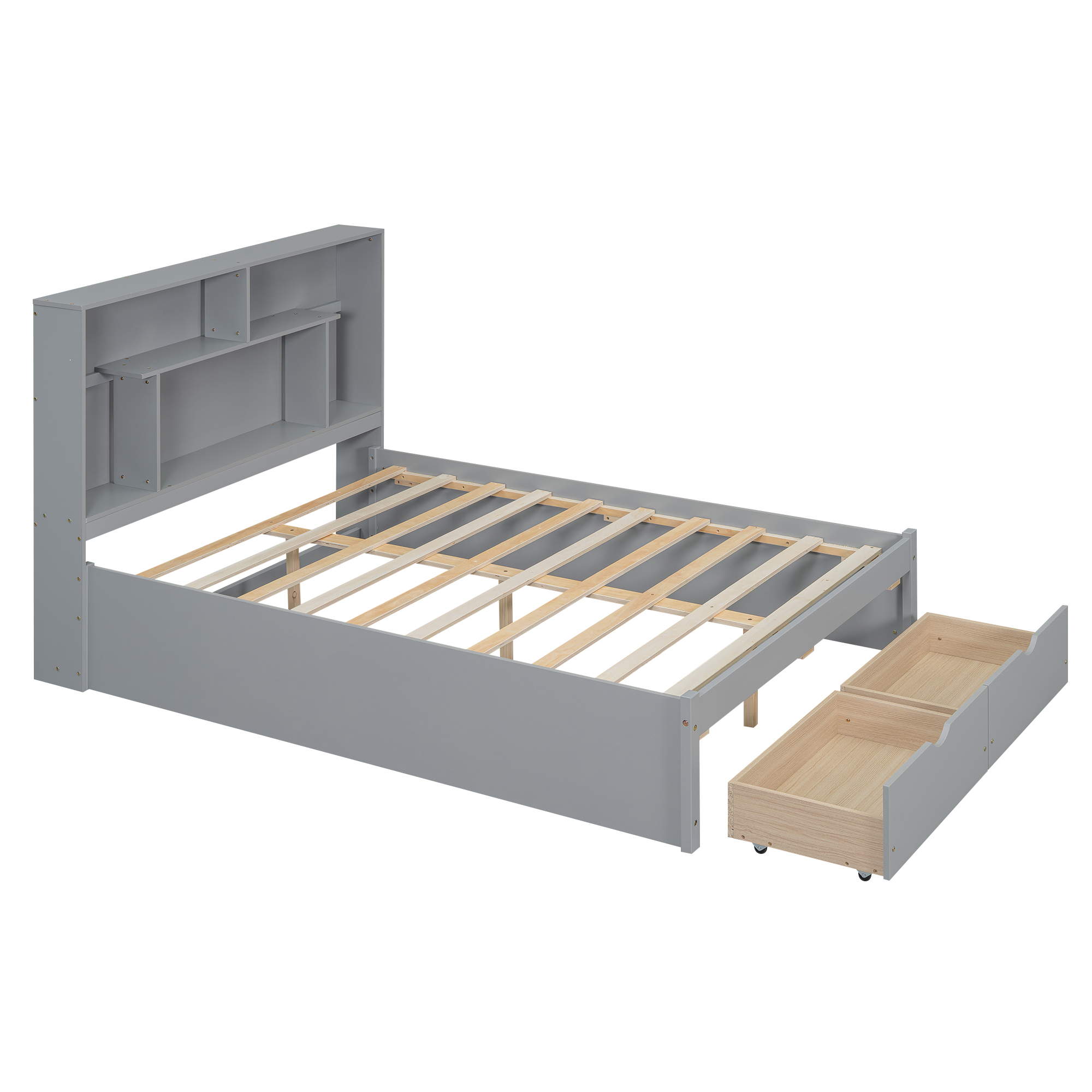 Full/Queen Size Platform Bed with Storage Headboard and 2 Drawers, Gray/White