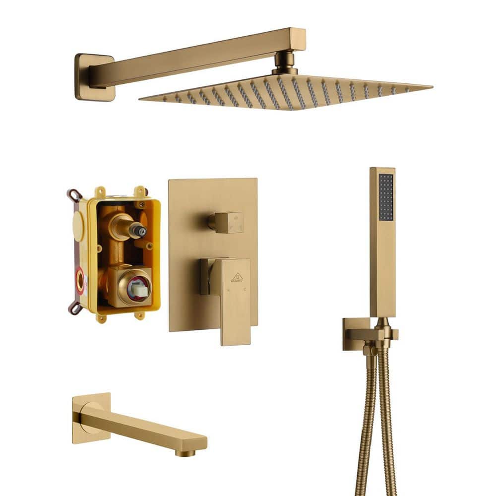 3-Spray Patterns Square 10 in. Wall Mount Dual Shower Heads 2.5 GPM with Tub Faucet in Brushed Gold