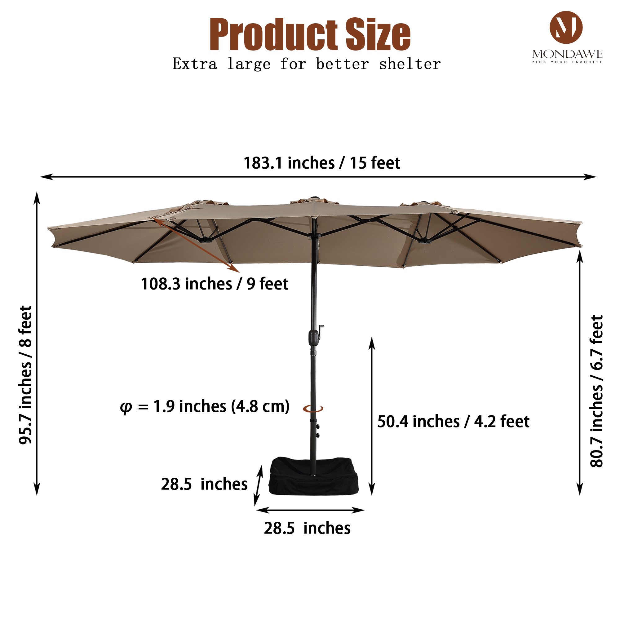 Mondawe 15ft Rectangular Patio Market Umbrella with Base-Mondawe
