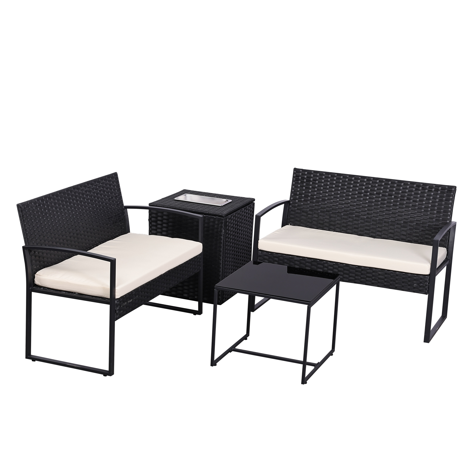 4-Piece Outdoor Patio Set with Ice Bucket Table – PE Rattan Double Chairs & Coffee Table Conversation Set with Storage, Waterproof Cushions, 5 Color Options