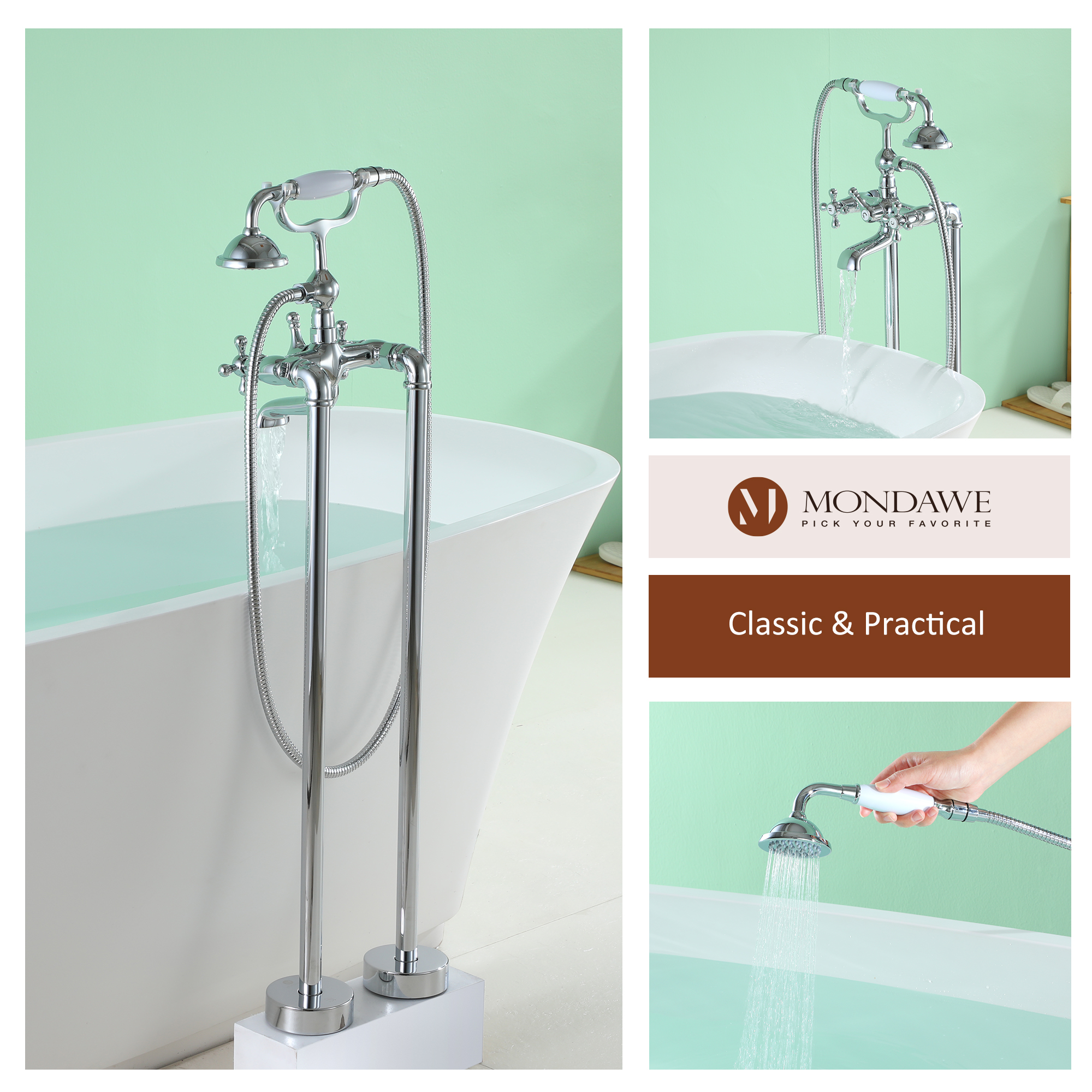Mondawe 3-Handle Traditional Freestanding Bathtub Faucet（Chrome�?Mondawe
